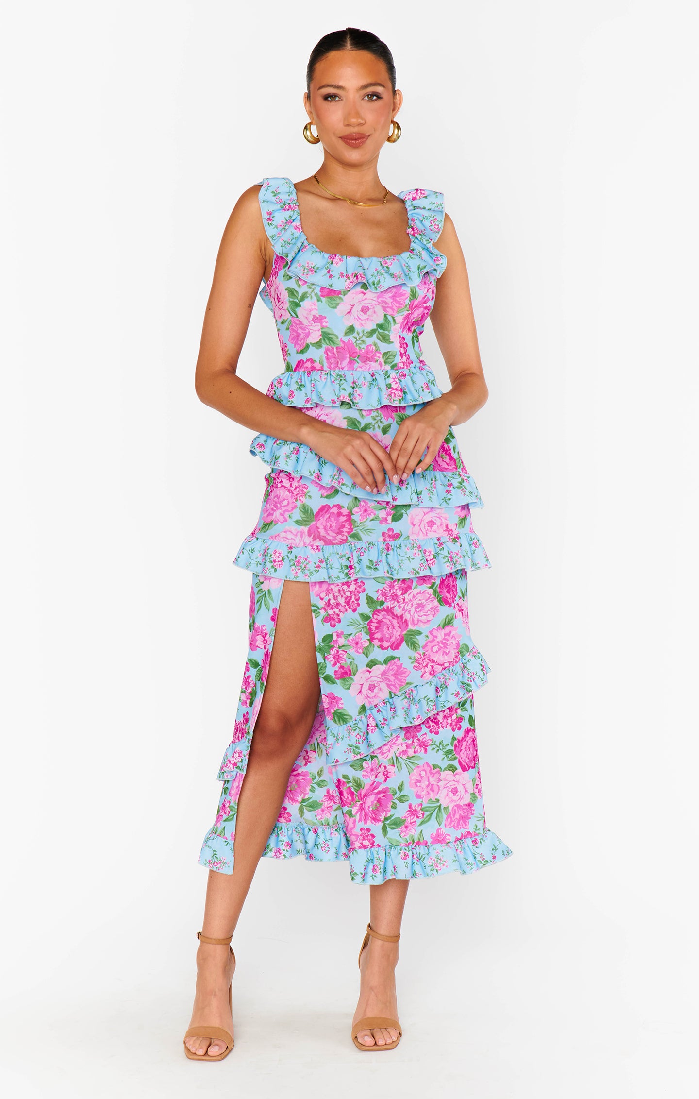 Floral Midi Dress with Square Neck & Slit | Greta Cottagecore Dress