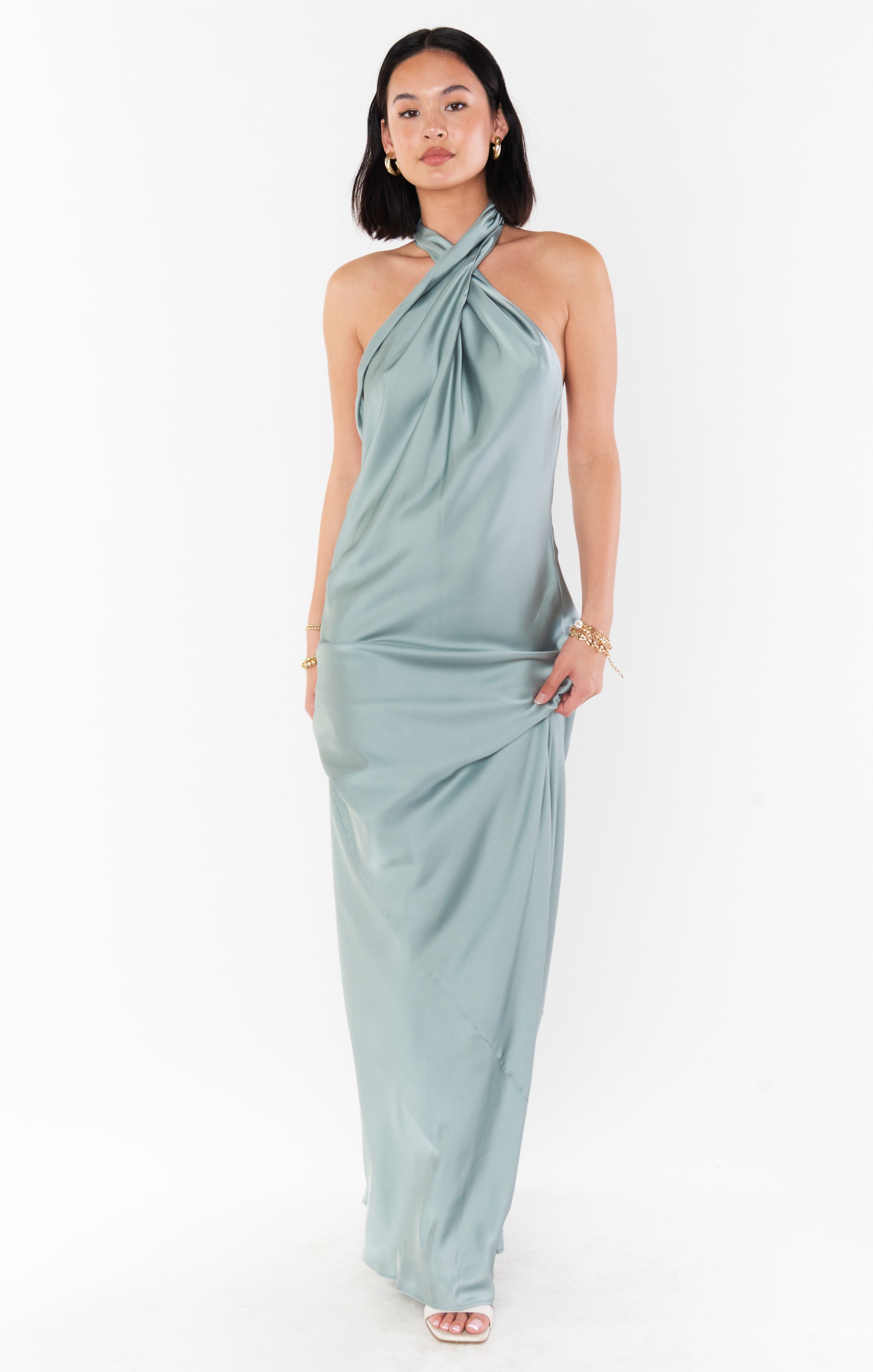 Bias-Cut Halter Maxi Dress with Open Back | Silver Sage Satin