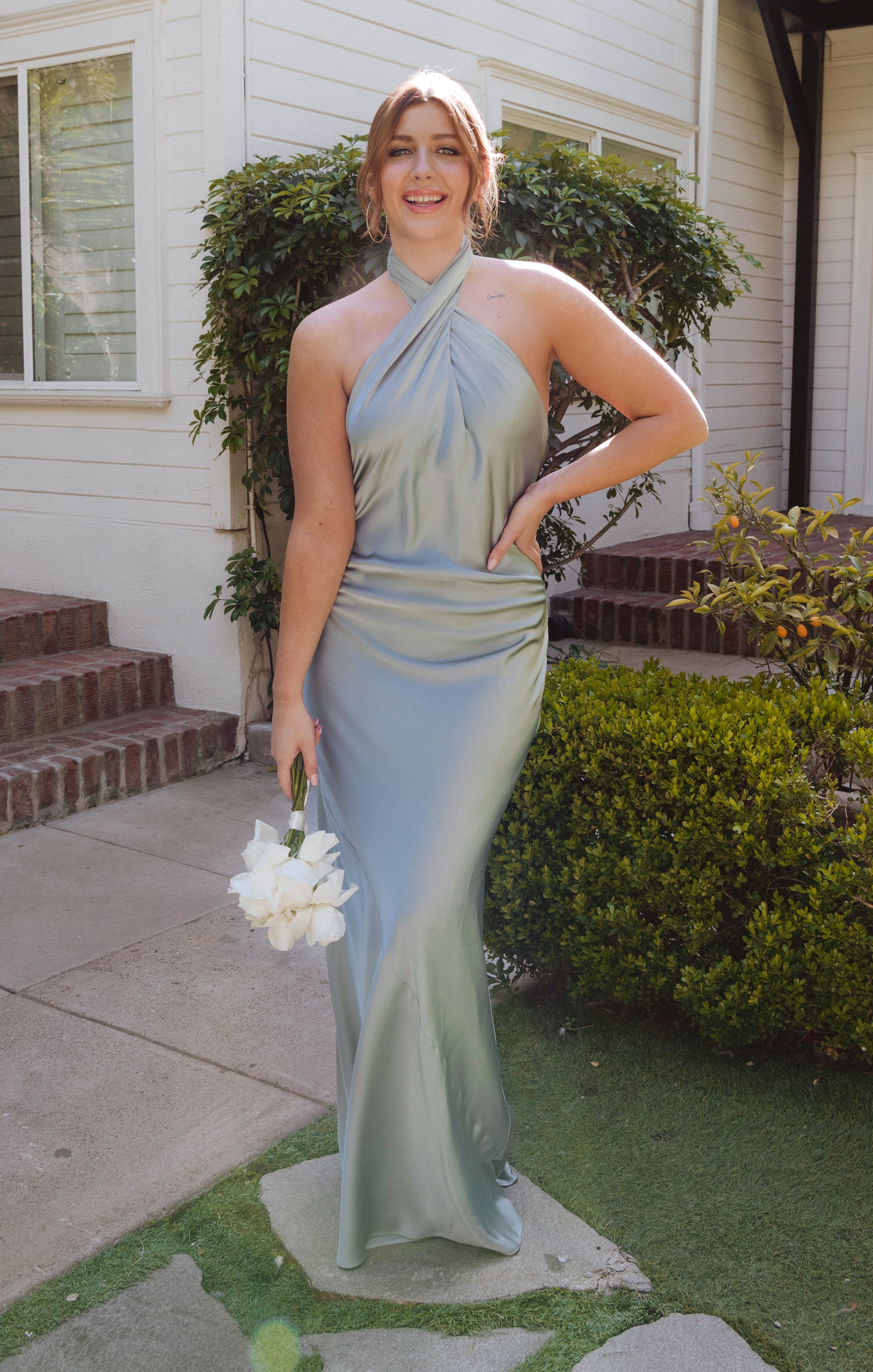Bias-Cut Halter Maxi Dress with Open Back | Silver Sage Satin
