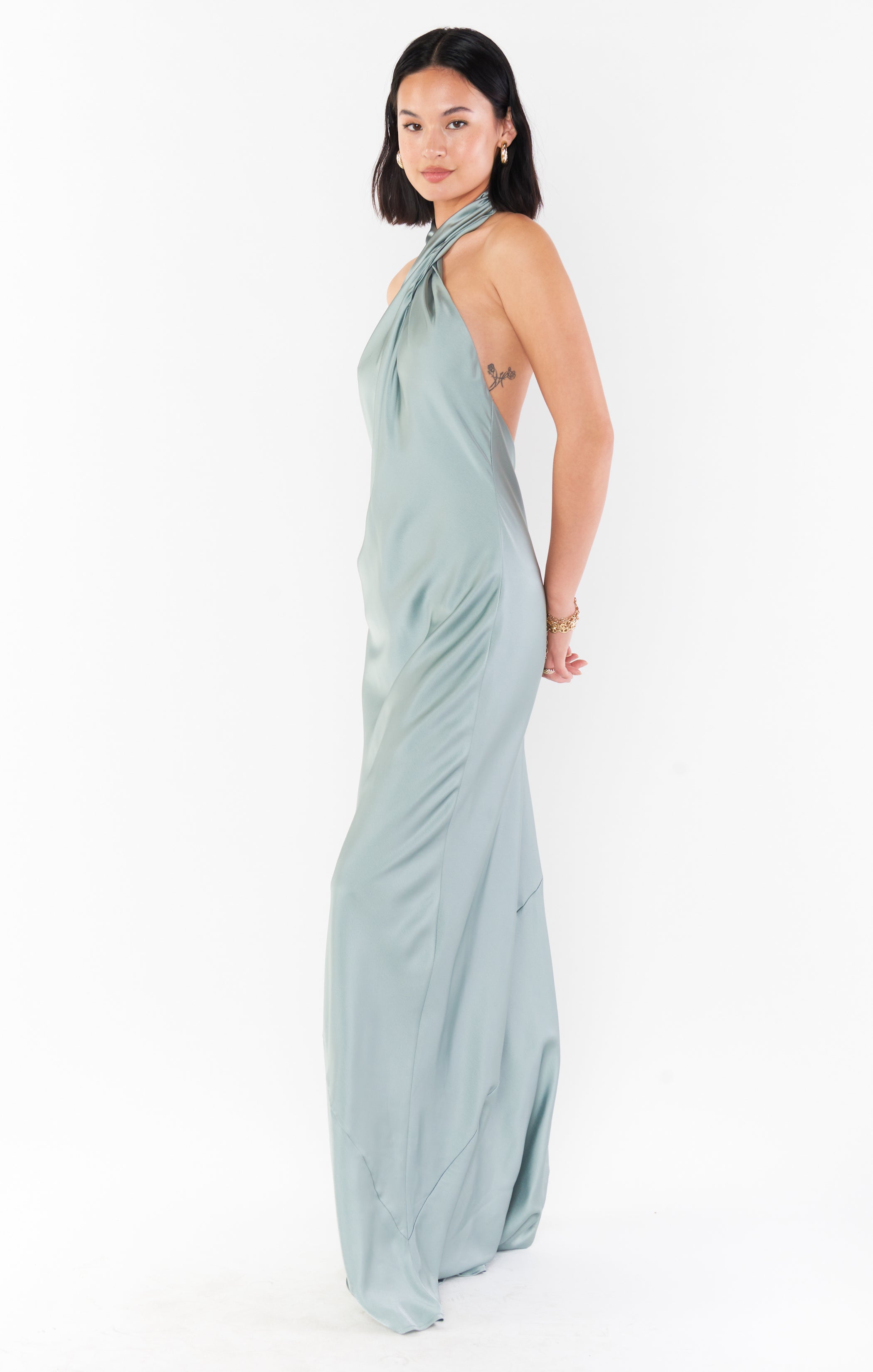 Bias-Cut Halter Maxi Dress with Open Back | Silver Sage Satin