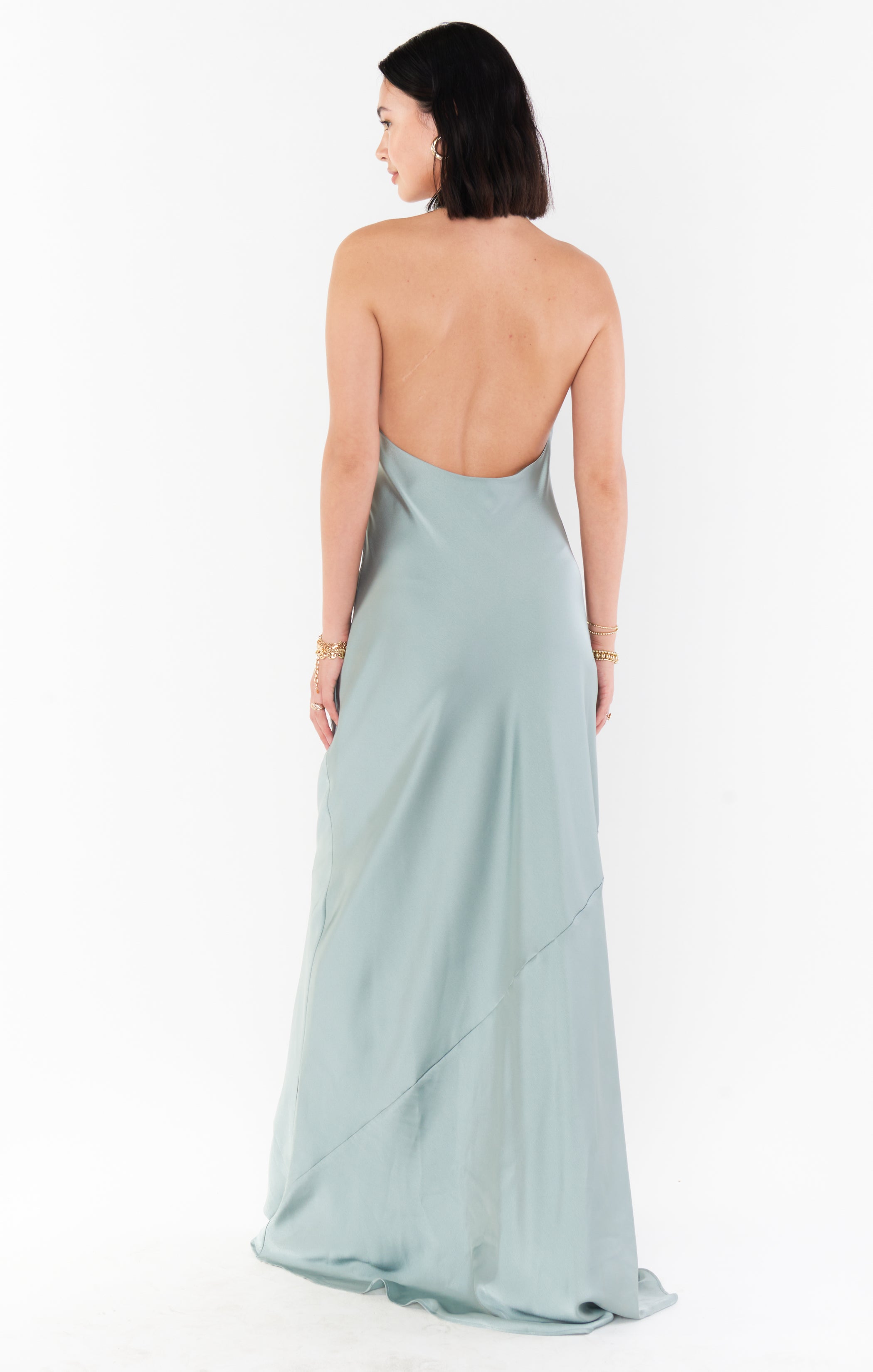 Bias-Cut Halter Maxi Dress with Open Back | Silver Sage Satin
