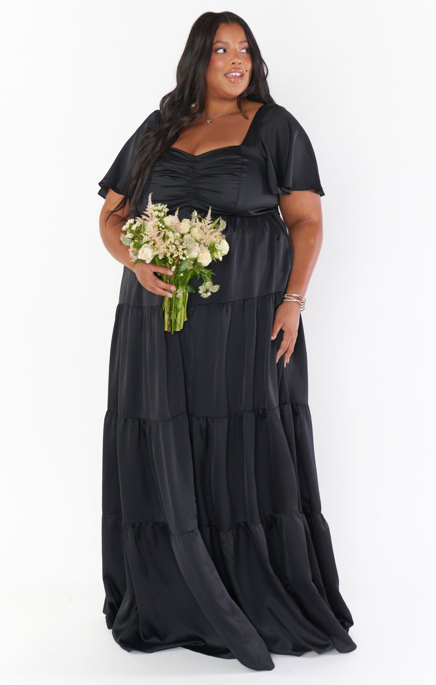 Flattering Satin Maxi Dress with Smocked Back & Tiered Skirt | Nicole