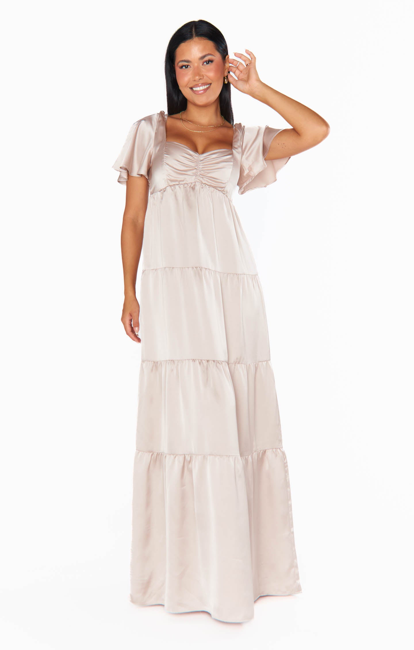 Flattering Satin Maxi Dress with Sweetheart Neckline & Tiered Skirt | Show Me The Ring