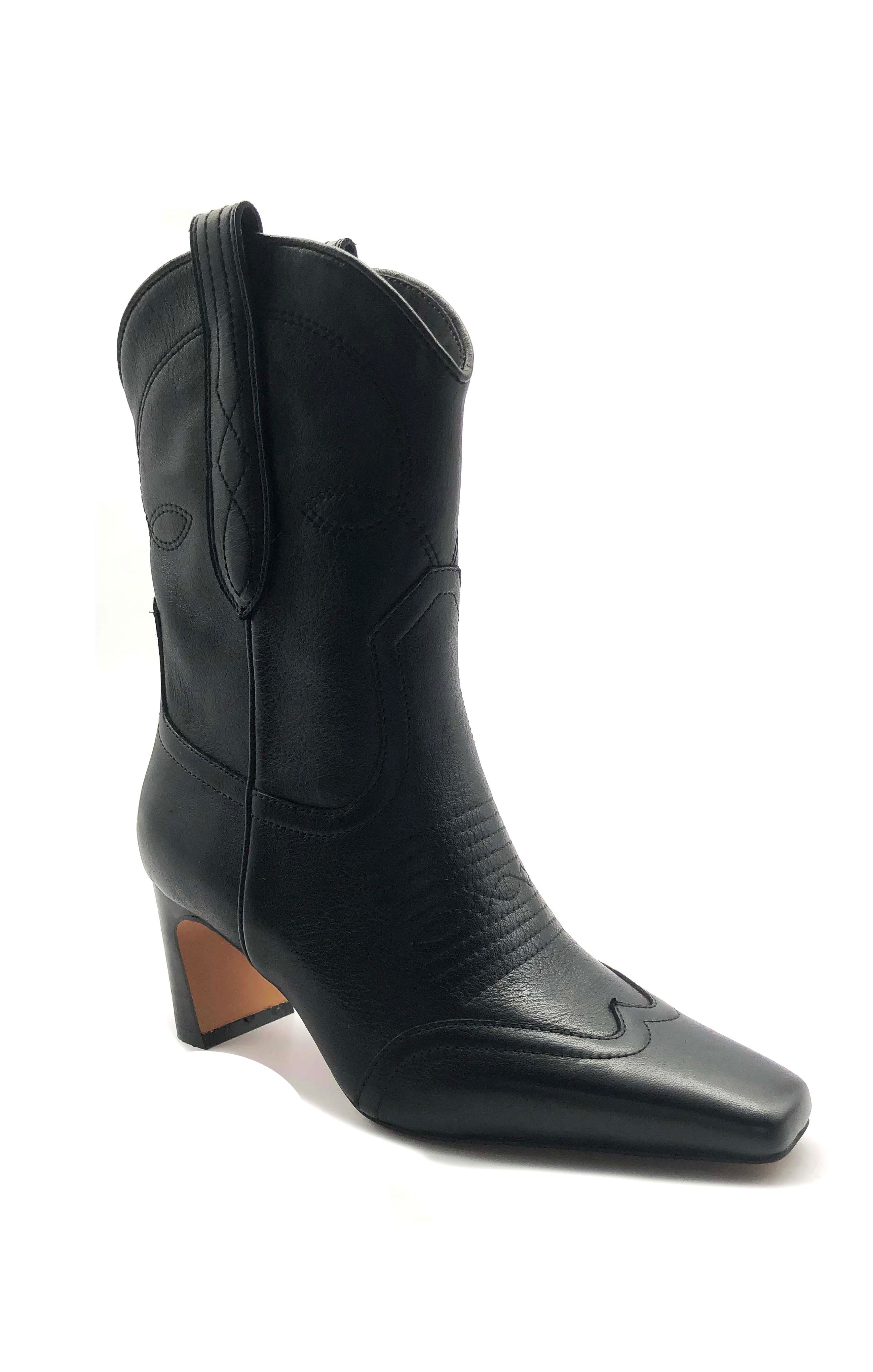 Western-Inspired Black Leather Booties with Demiblock Heel | Steve Madden Josefine