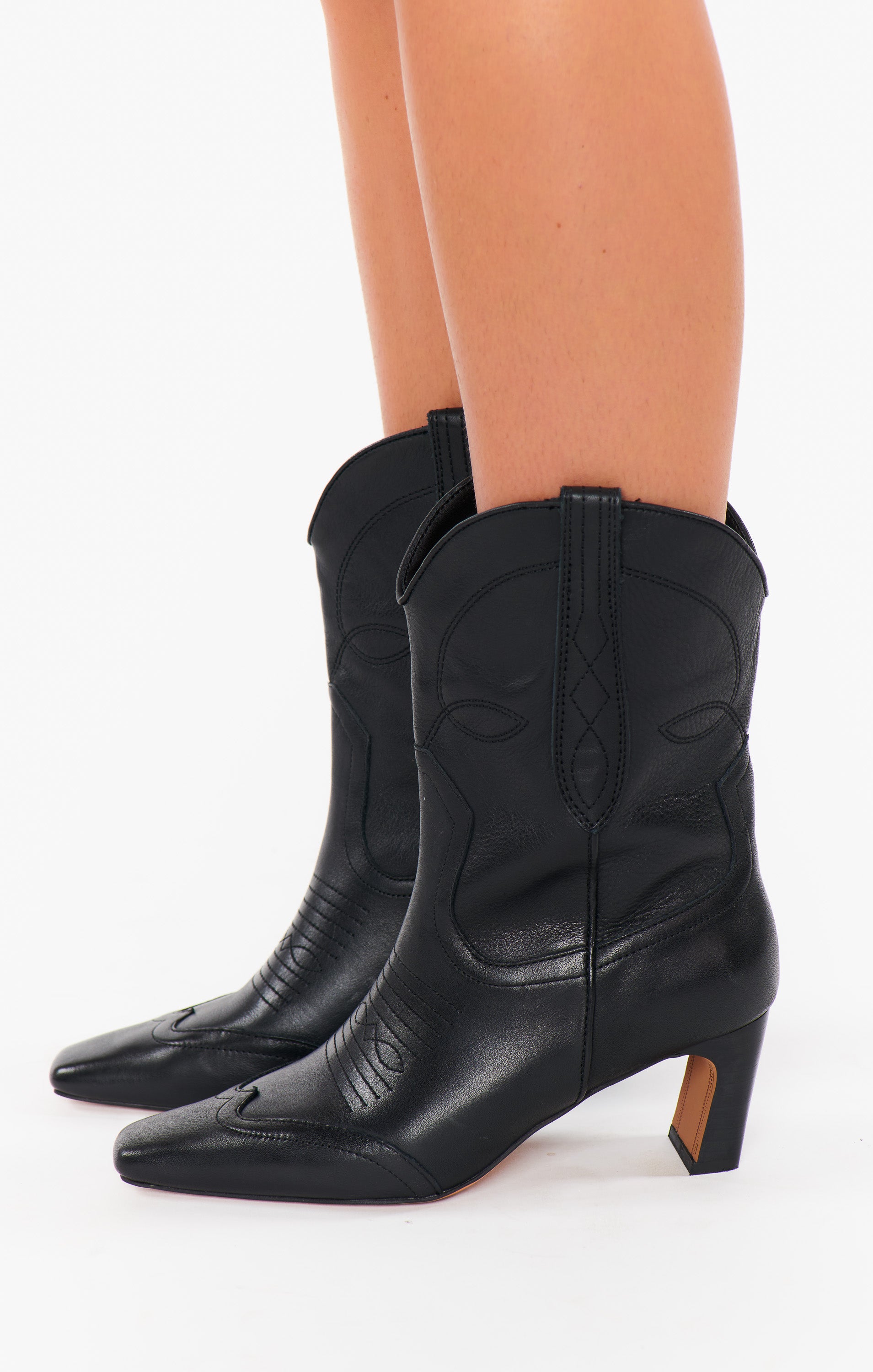 Western-Inspired Black Leather Booties with Demiblock Heel | Steve Madden Josefine