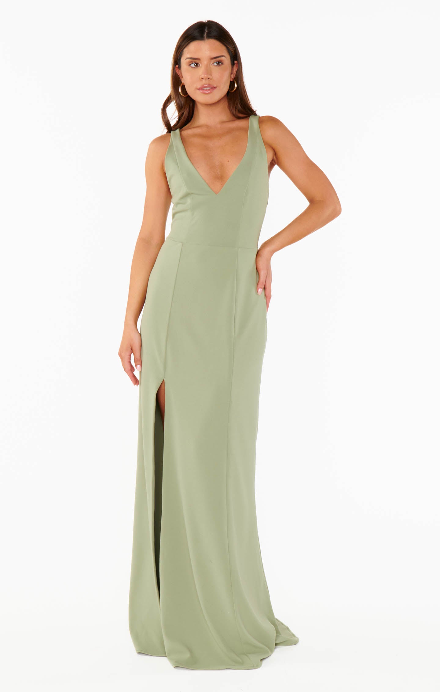 Moss Green Stretch Maxi Dress with V-Neck & Side Slit | Rachel