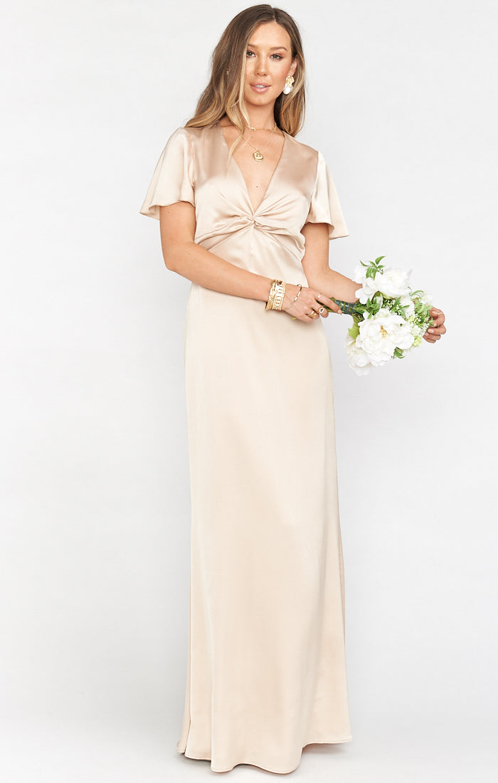 Champagne Luxe Satin Gown with Empire Waist & Twist Detail | Rome Twist