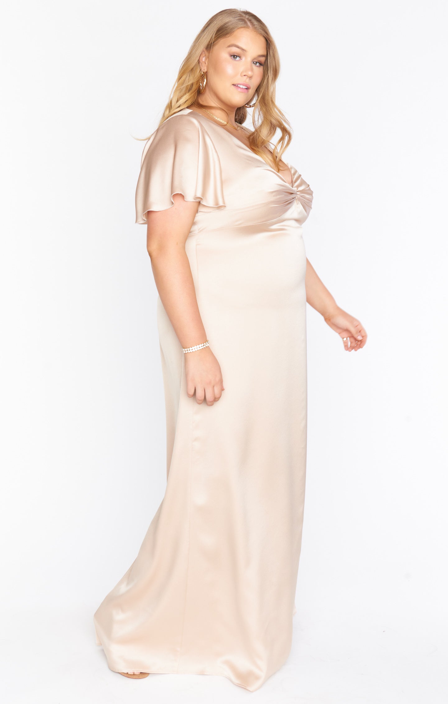 Champagne Luxe Satin Gown with Empire Waist & Twist Detail | Rome Twist