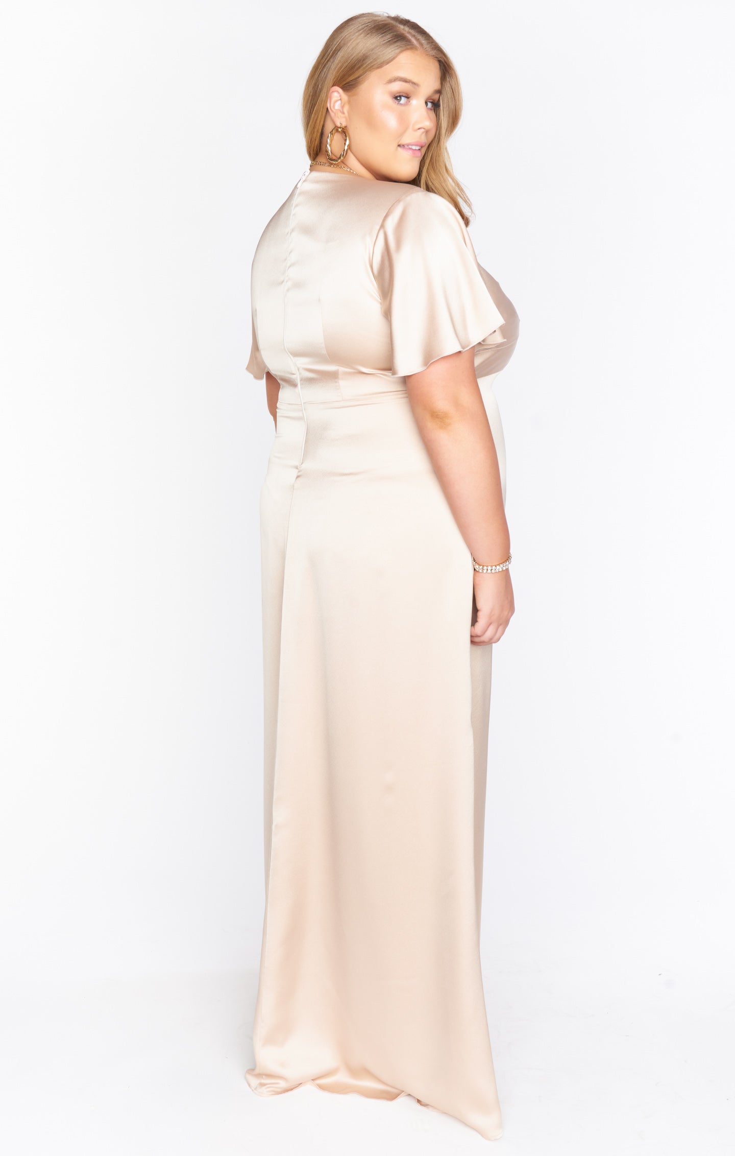 Champagne Luxe Satin Gown with Empire Waist & Twist Detail | Rome Twist