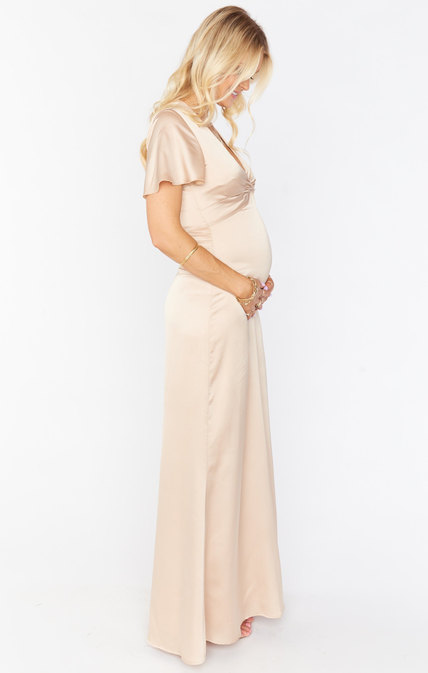 Champagne Luxe Satin Gown with Empire Waist & Twist Detail | Rome Twist