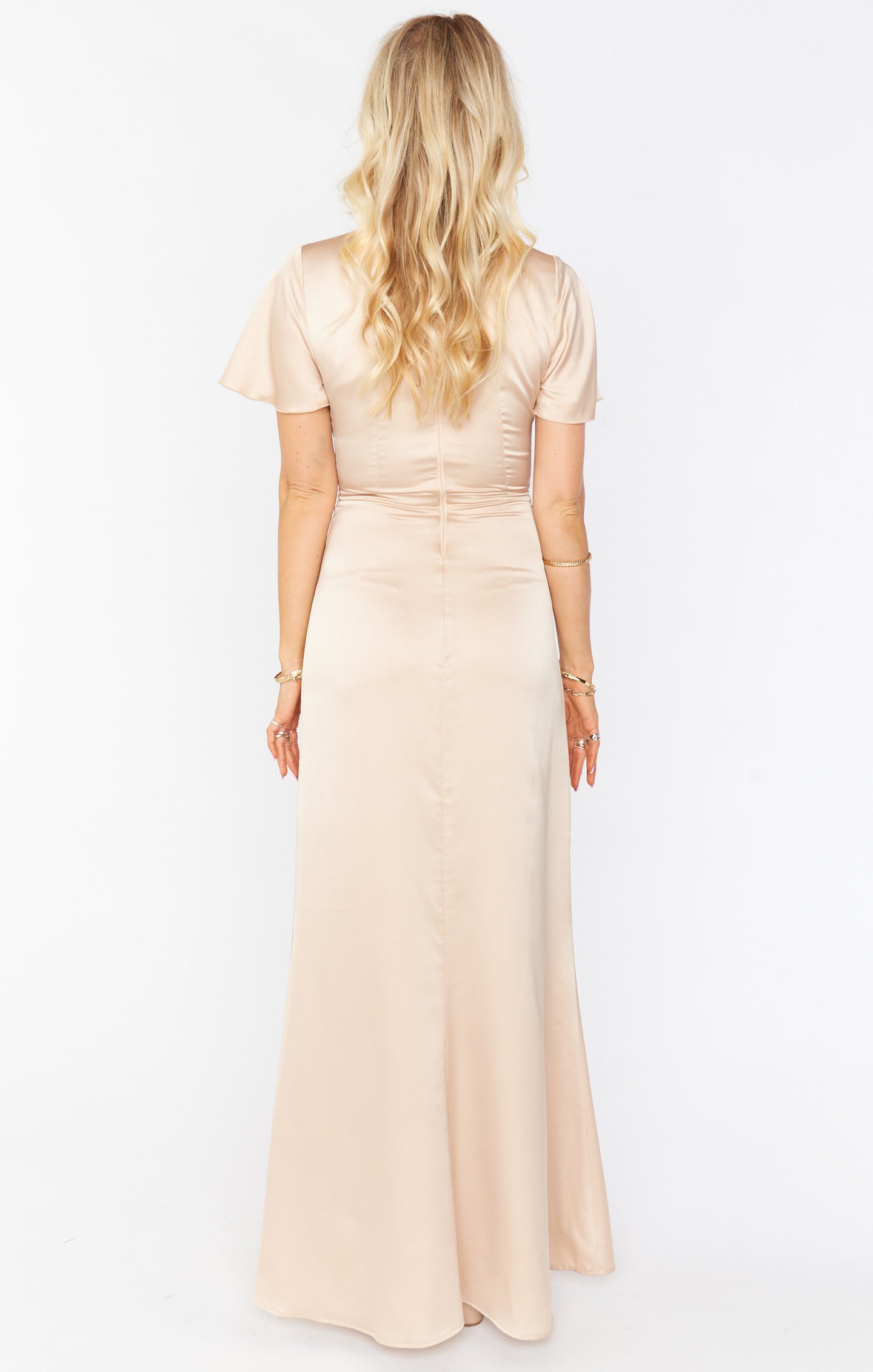 Champagne Luxe Satin Gown with Empire Waist & Twist Detail | Rome Twist