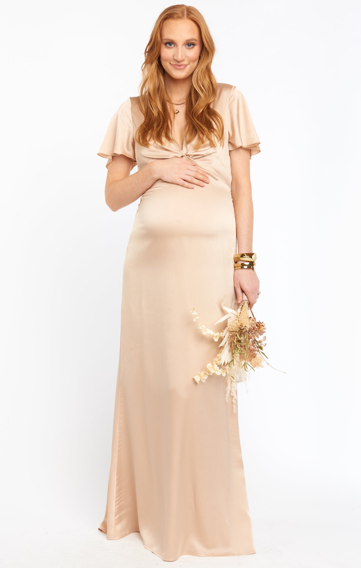 Champagne Luxe Satin Gown with Empire Waist & Twist Detail | Rome Twist