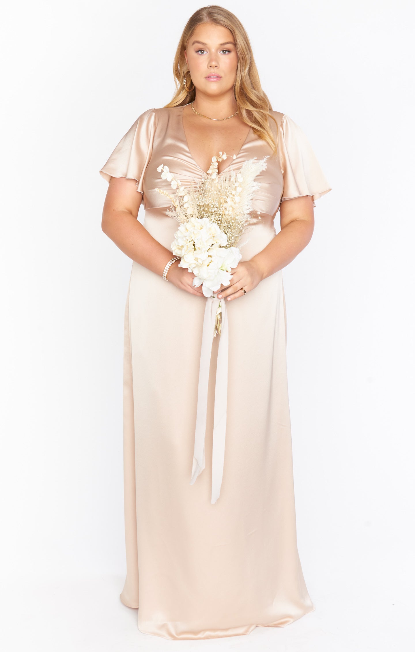 Champagne Luxe Satin Gown with Empire Waist & Twist Detail | Rome Twist