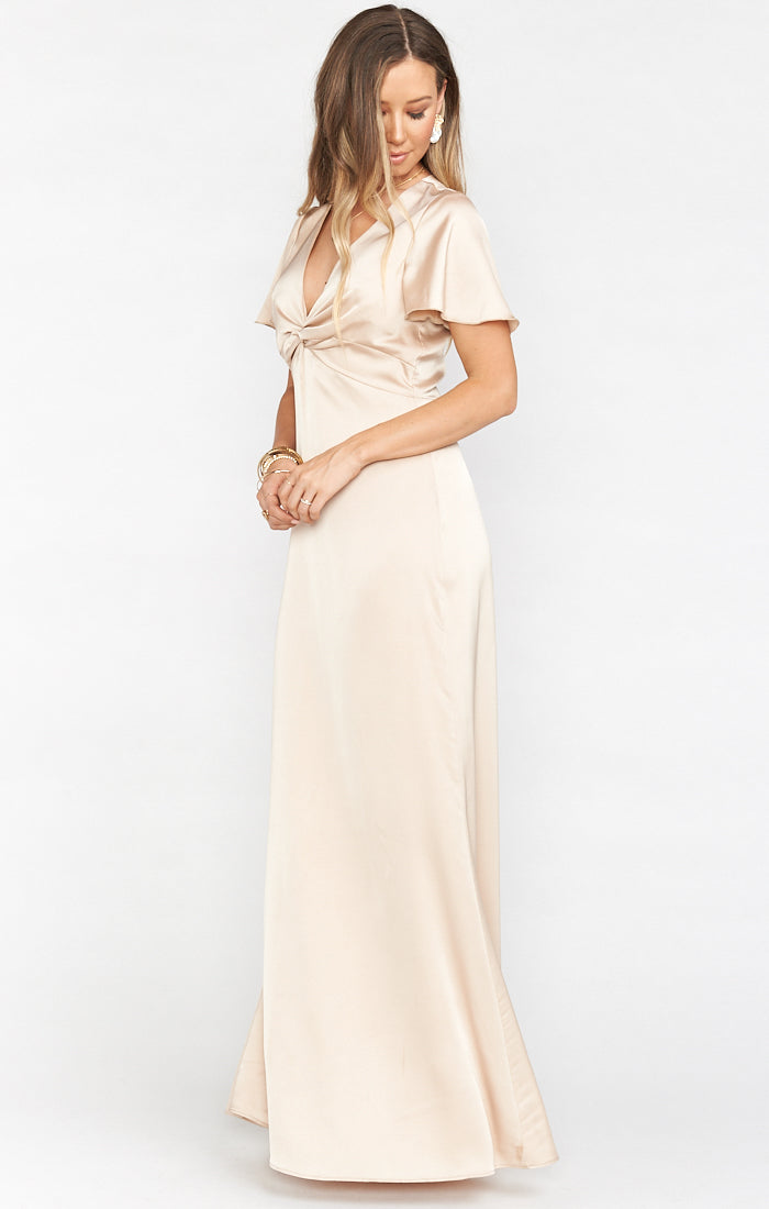 Champagne Luxe Satin Gown with Empire Waist & Twist Detail | Rome Twist