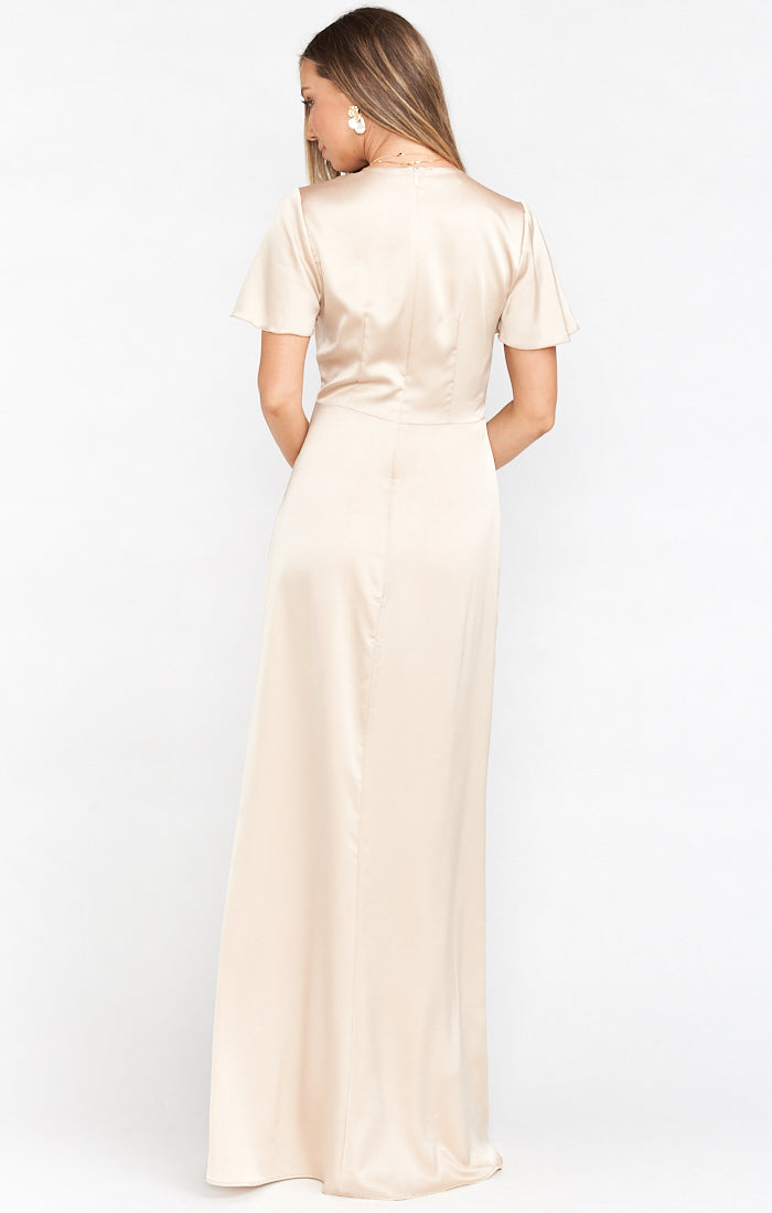 Champagne Luxe Satin Gown with Empire Waist & Twist Detail | Rome Twist