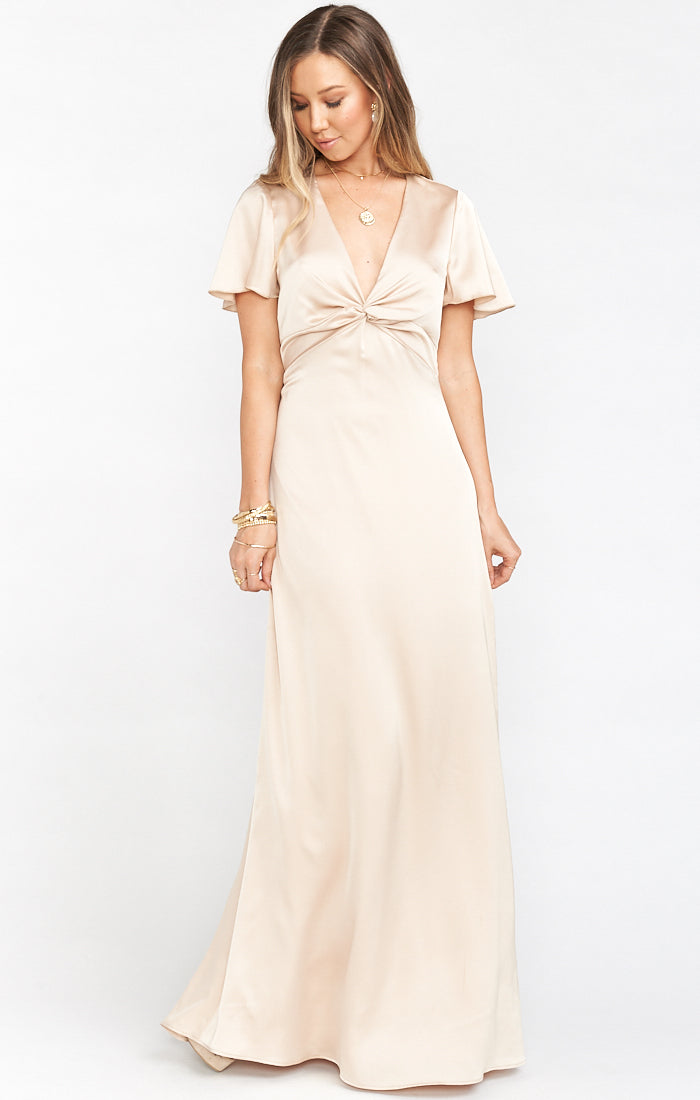 Champagne Luxe Satin Gown with Empire Waist & Twist Detail | Rome Twist