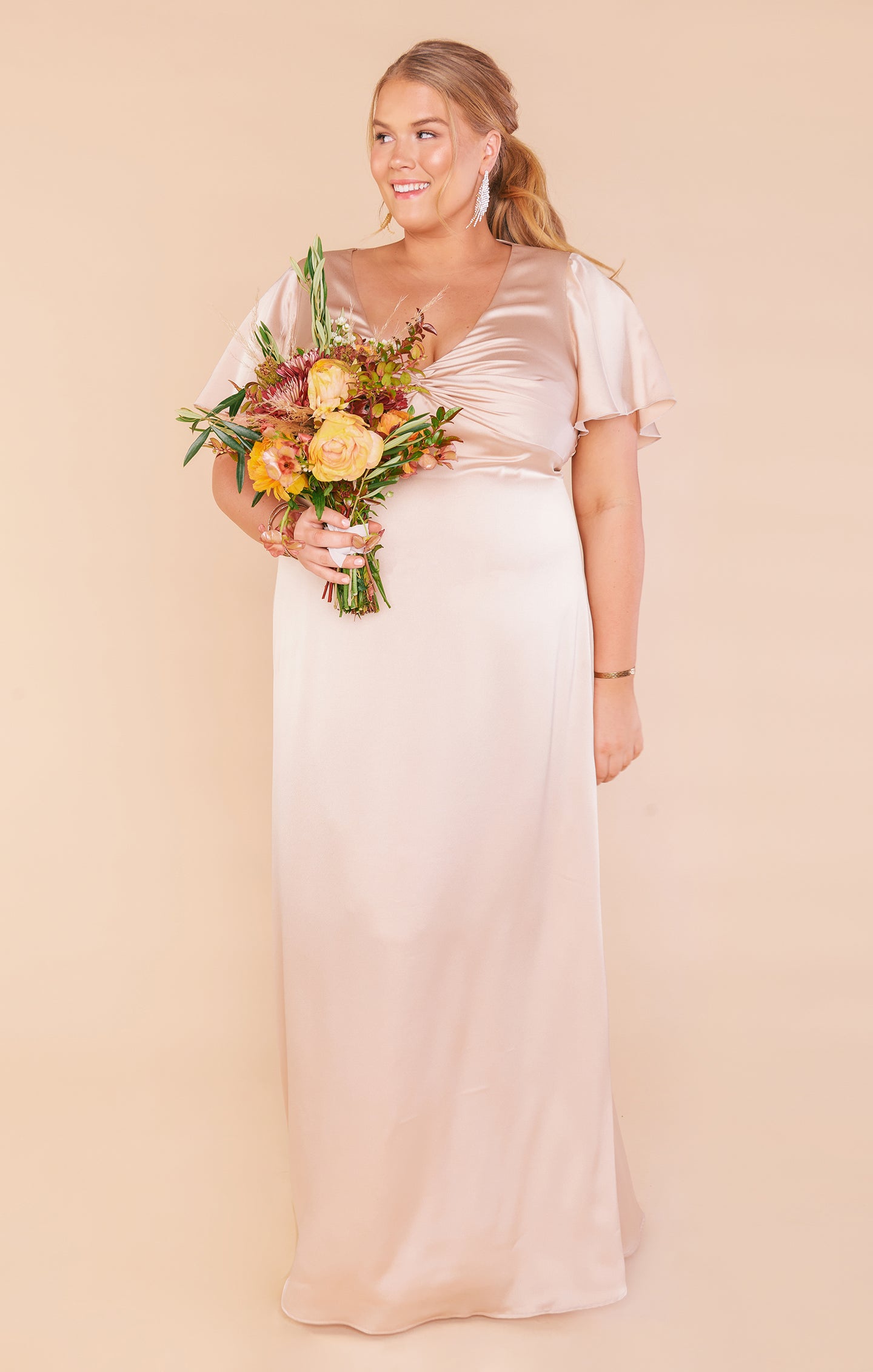 Champagne Luxe Satin Gown with Empire Waist & Twist Detail | Rome Twist