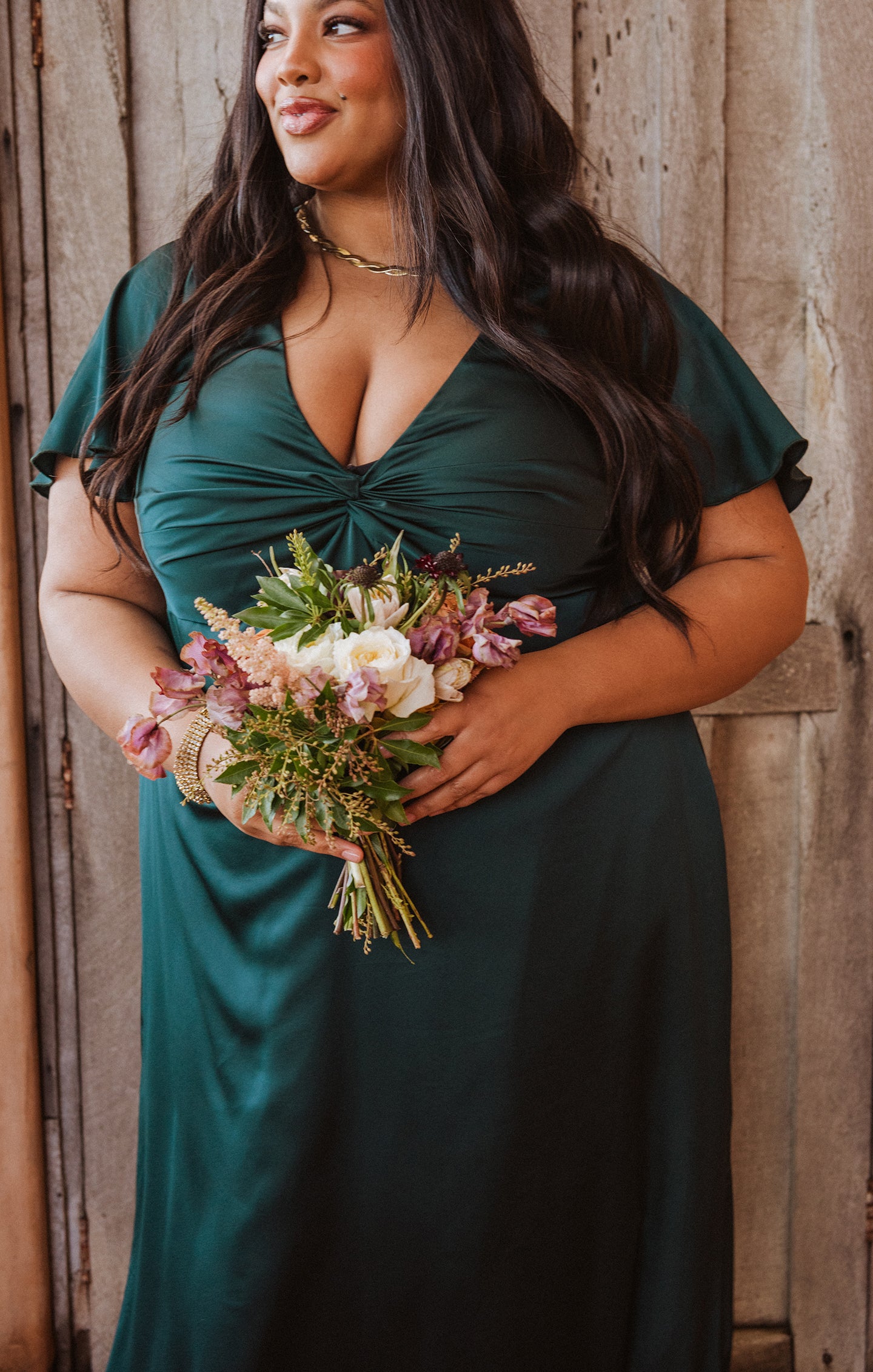 Deep Emerald Satin Twist Gown with V-Neck | Rome Luxe