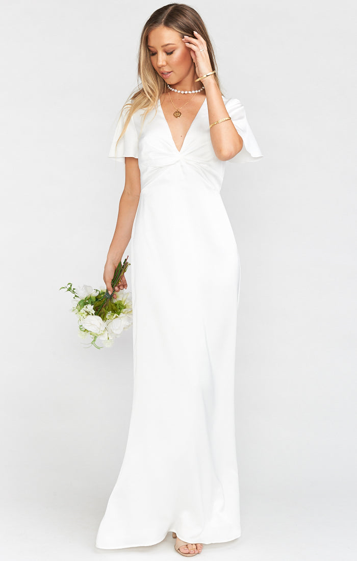 Ivory Luxe Satin Rome Twist Gown with Empire Waist & V-Neck