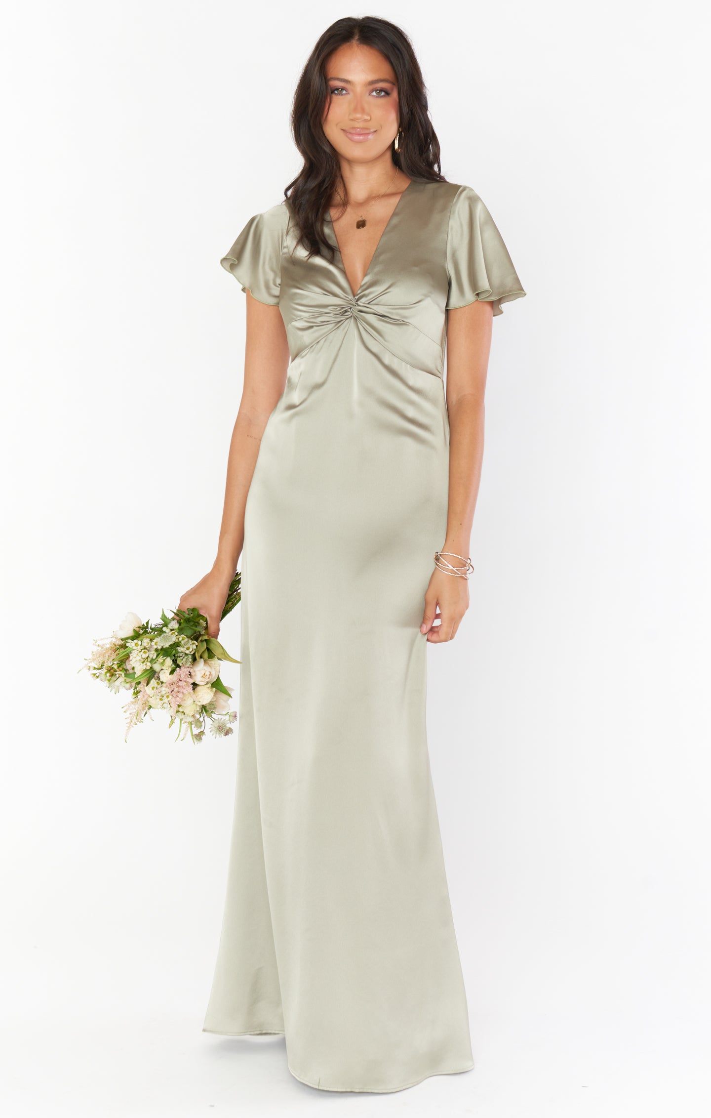 Moss Green Luxe Satin Gown with Empire Waist & Twist Detail | Rome Twist