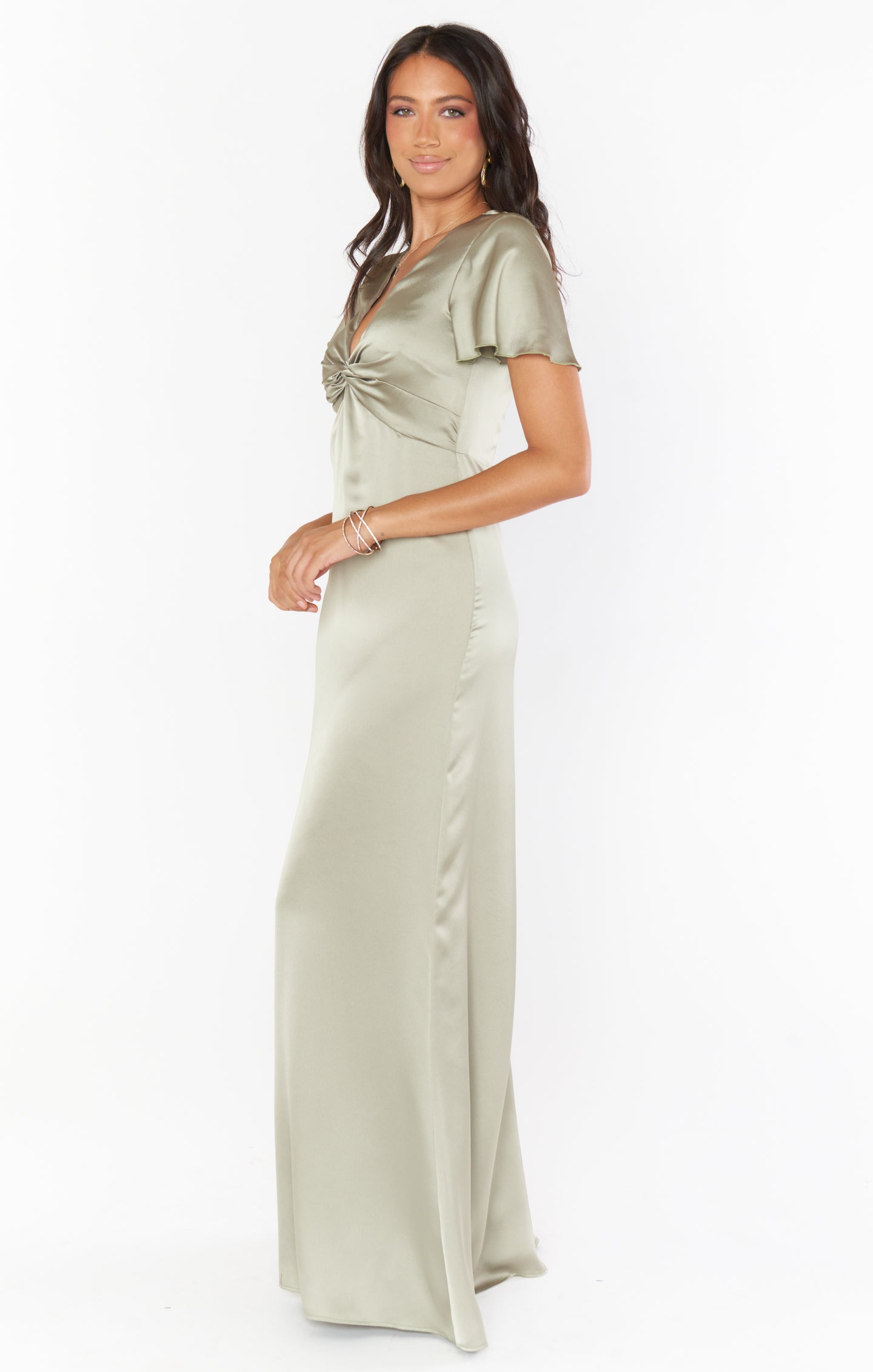 Moss Green Luxe Satin Gown with Empire Waist & Twist Detail | Rome Twist