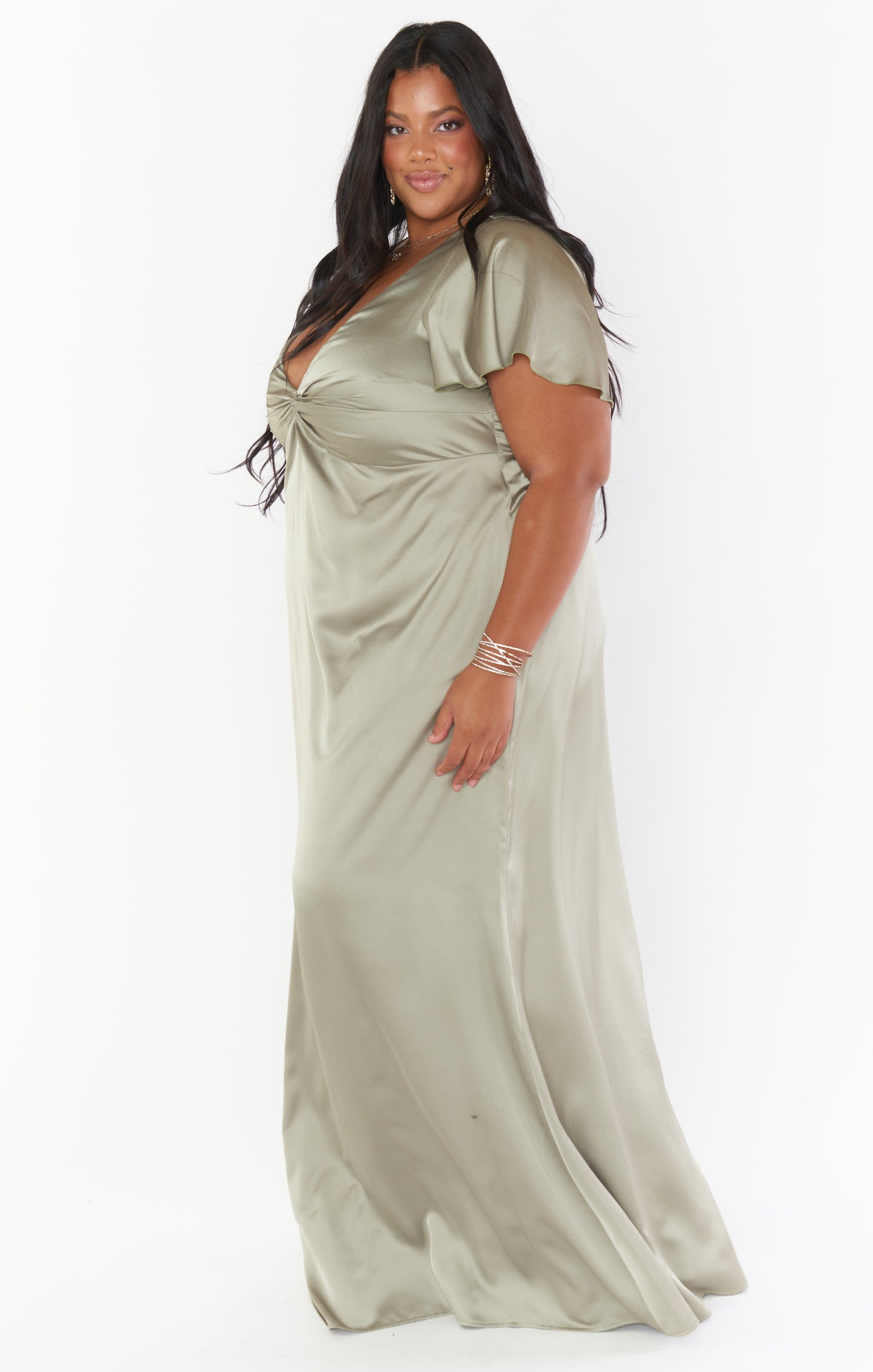 Moss Green Luxe Satin Gown with Empire Waist & Twist Detail | Rome Twist