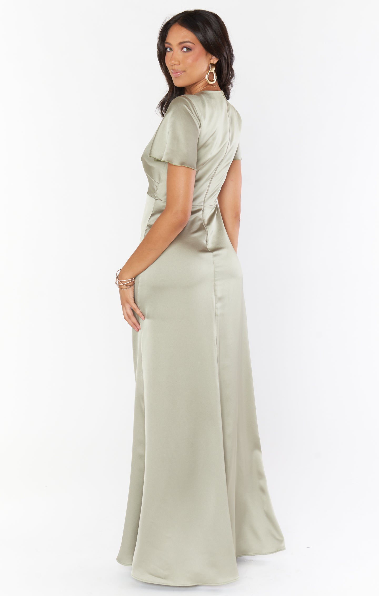 Moss Green Luxe Satin Gown with Empire Waist & Twist Detail | Rome Twist