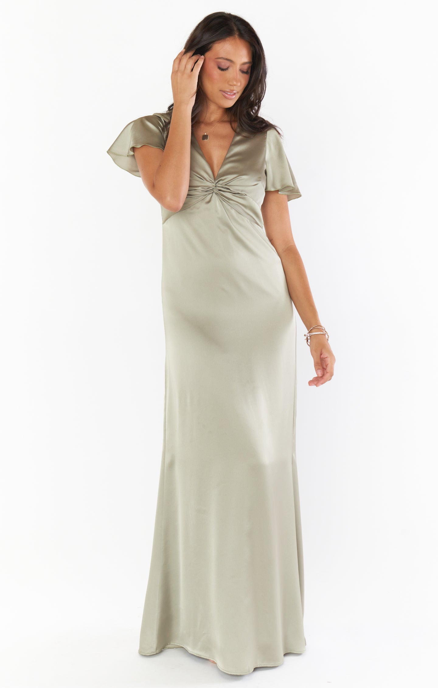 Moss Green Luxe Satin Gown with Empire Waist & Twist Detail | Rome Twist