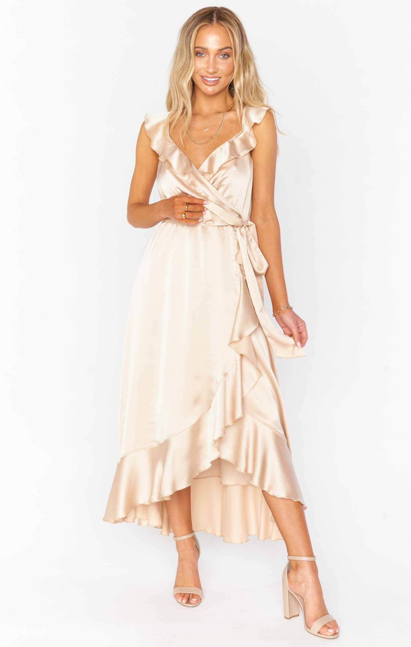 Ruffle Wrap Dress with Elastic Waist & Slit | Samantha Champagne Satin