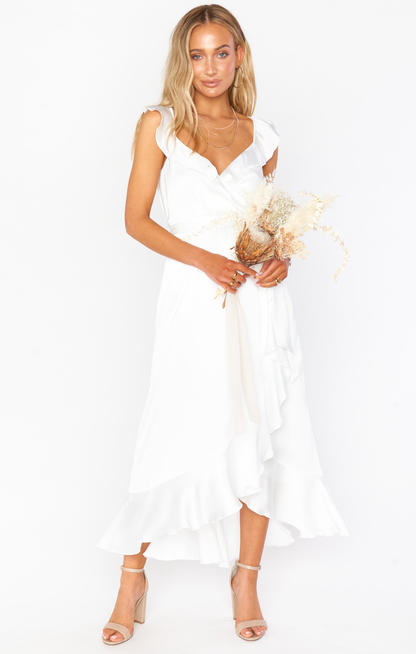 Ruffle Wrap Dress with Sash & Slit | Samantha Ivory Luxe Satin