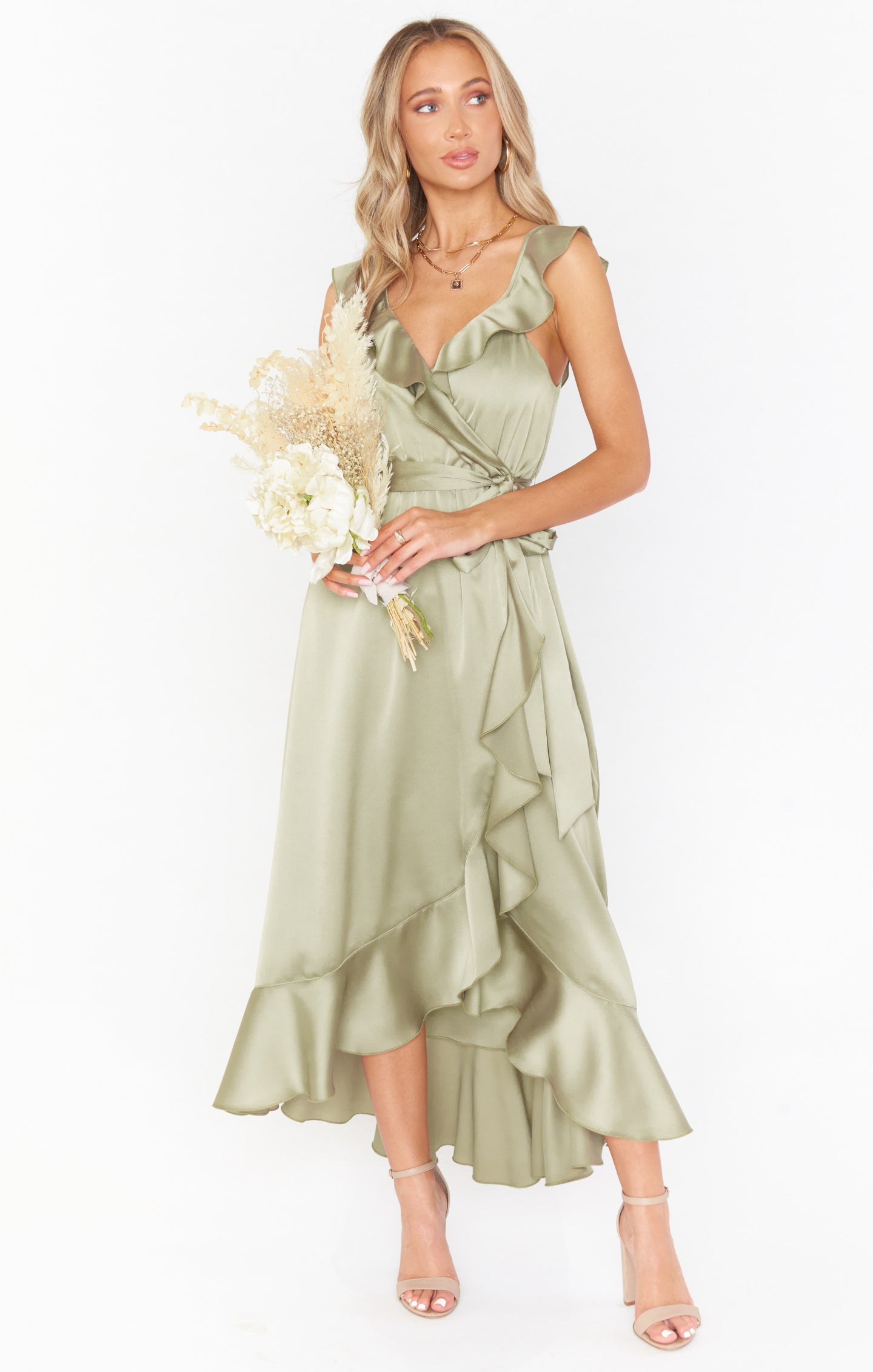 Ruffle Wrap Dress with Elastic Waist & Slit | Samantha Satin