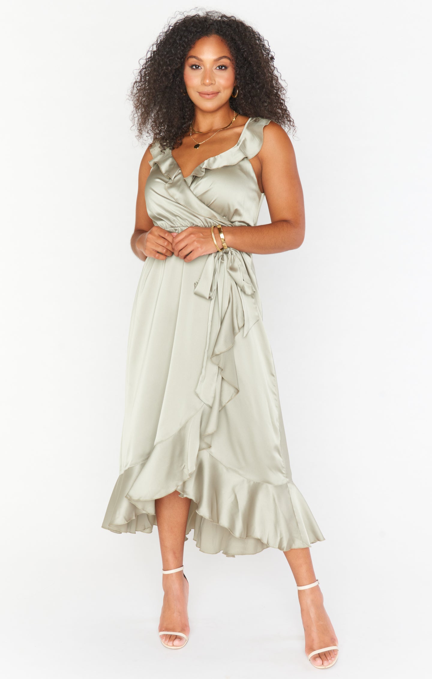 Ruffle Wrap Dress with Elastic Waist & Slit | Samantha Satin