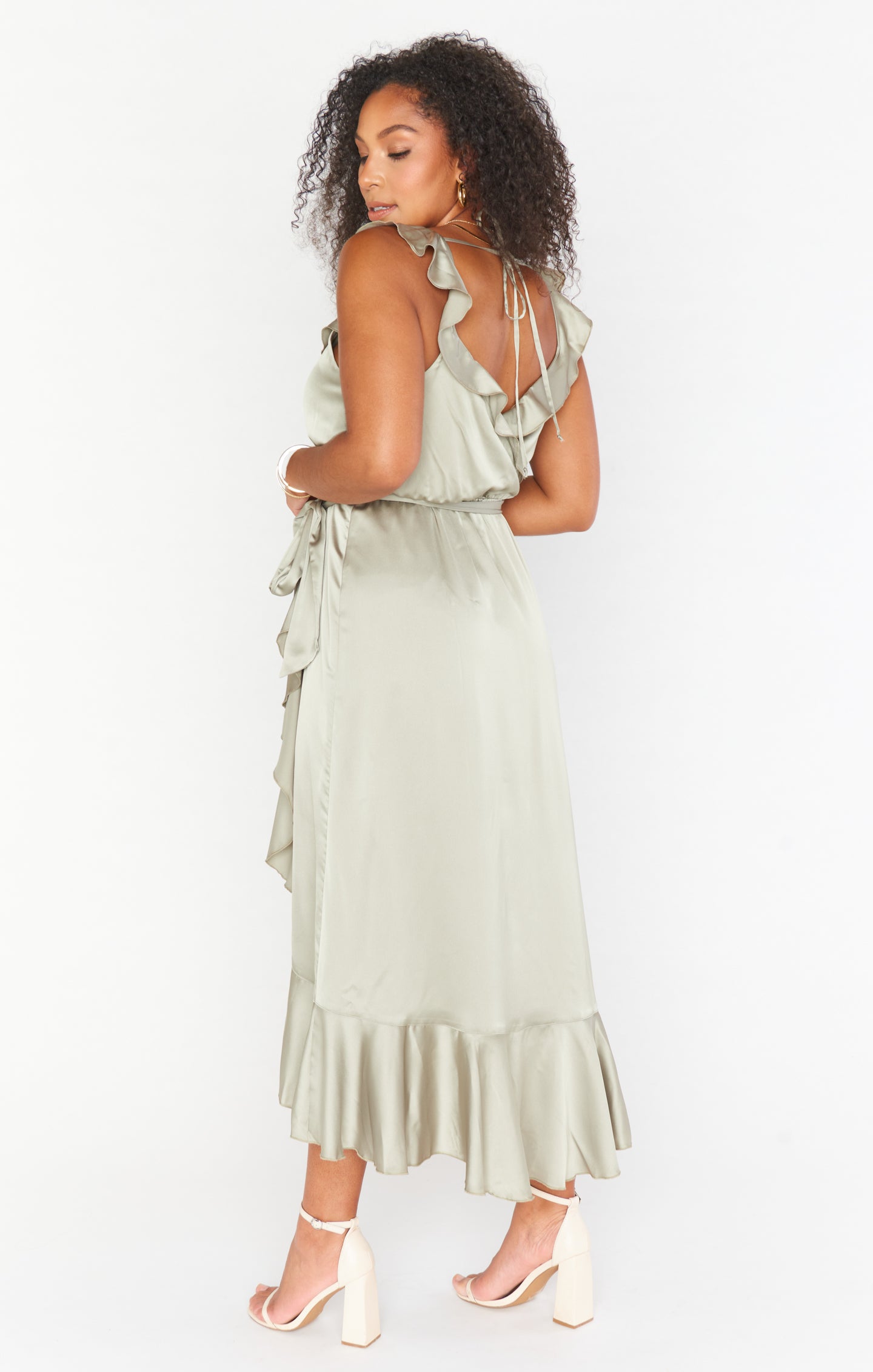 Ruffle Wrap Dress with Elastic Waist & Slit | Samantha Satin