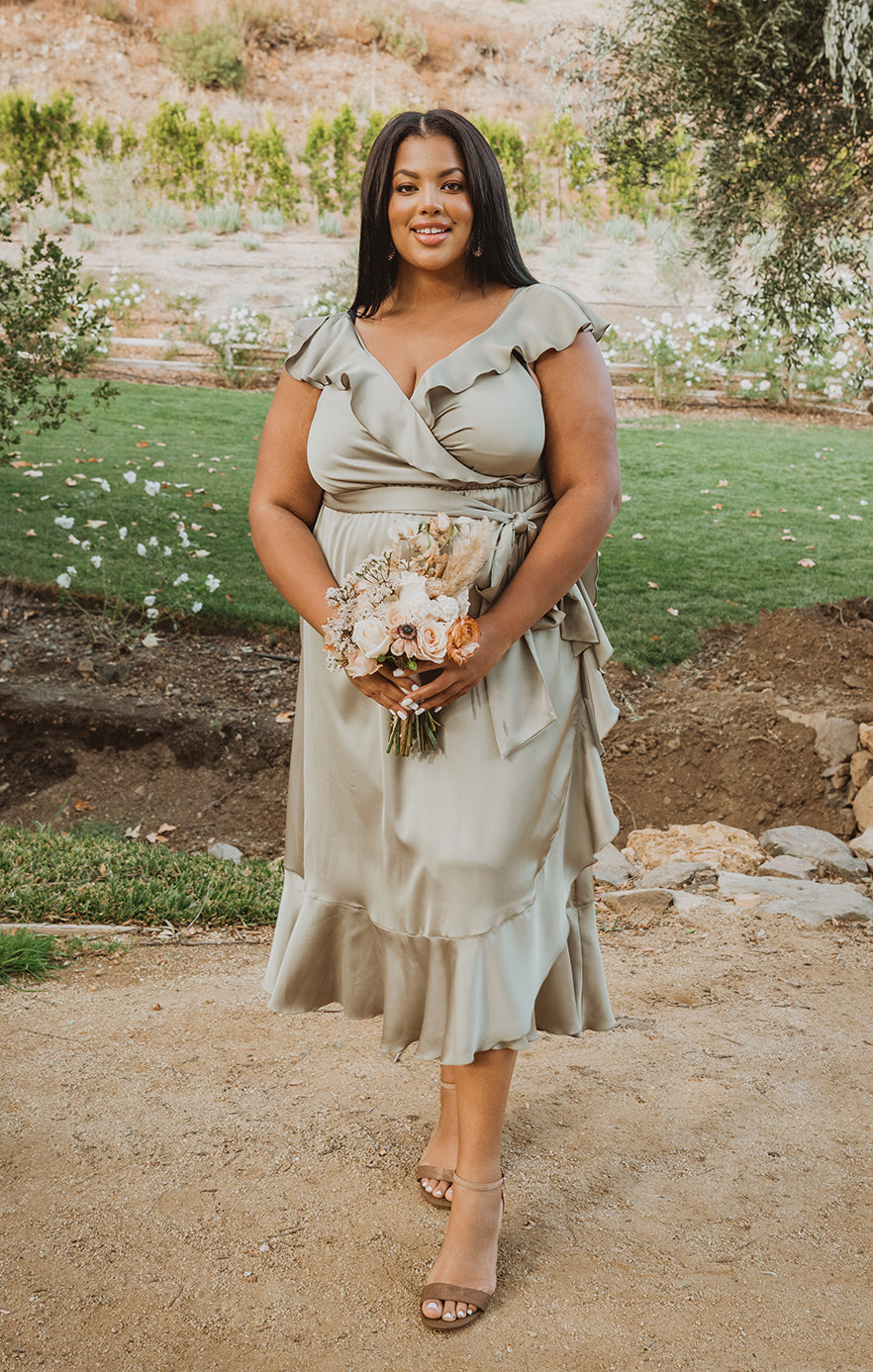 Ruffle Wrap Dress with Elastic Waist & Slit | Samantha Satin