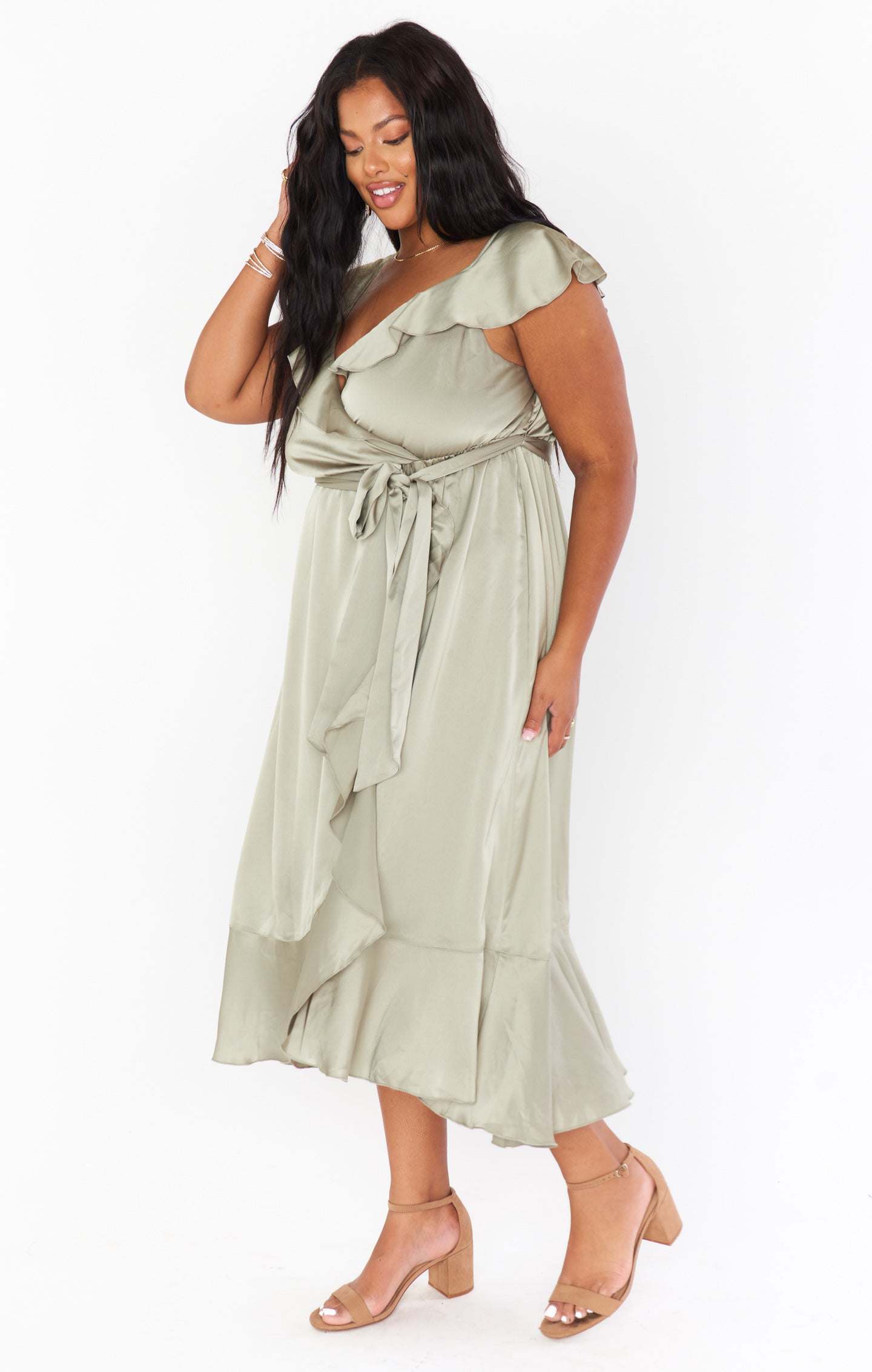 Ruffle Wrap Dress with Elastic Waist & Slit | Samantha Satin