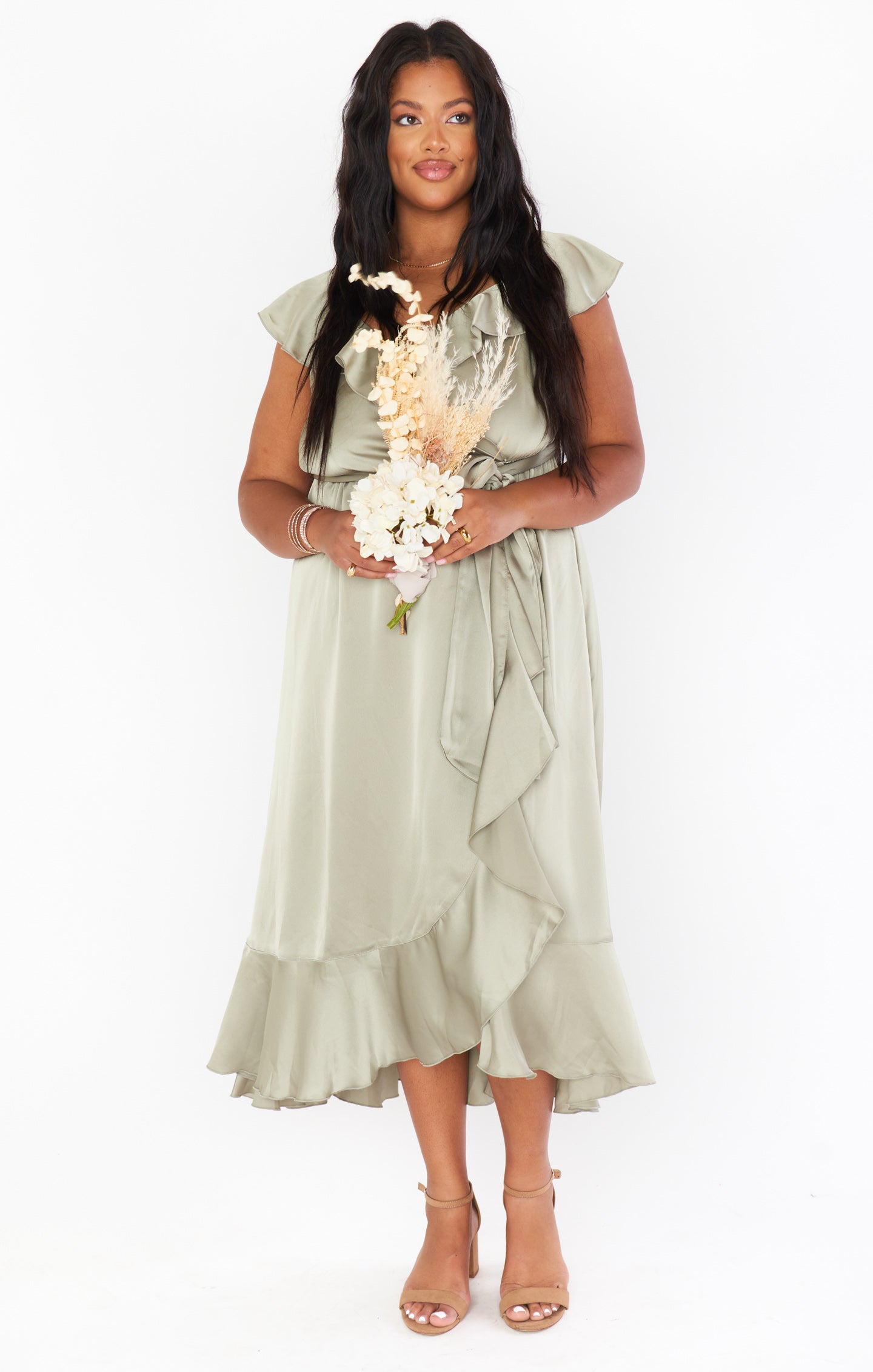 Ruffle Wrap Dress with Elastic Waist & Slit | Samantha Satin