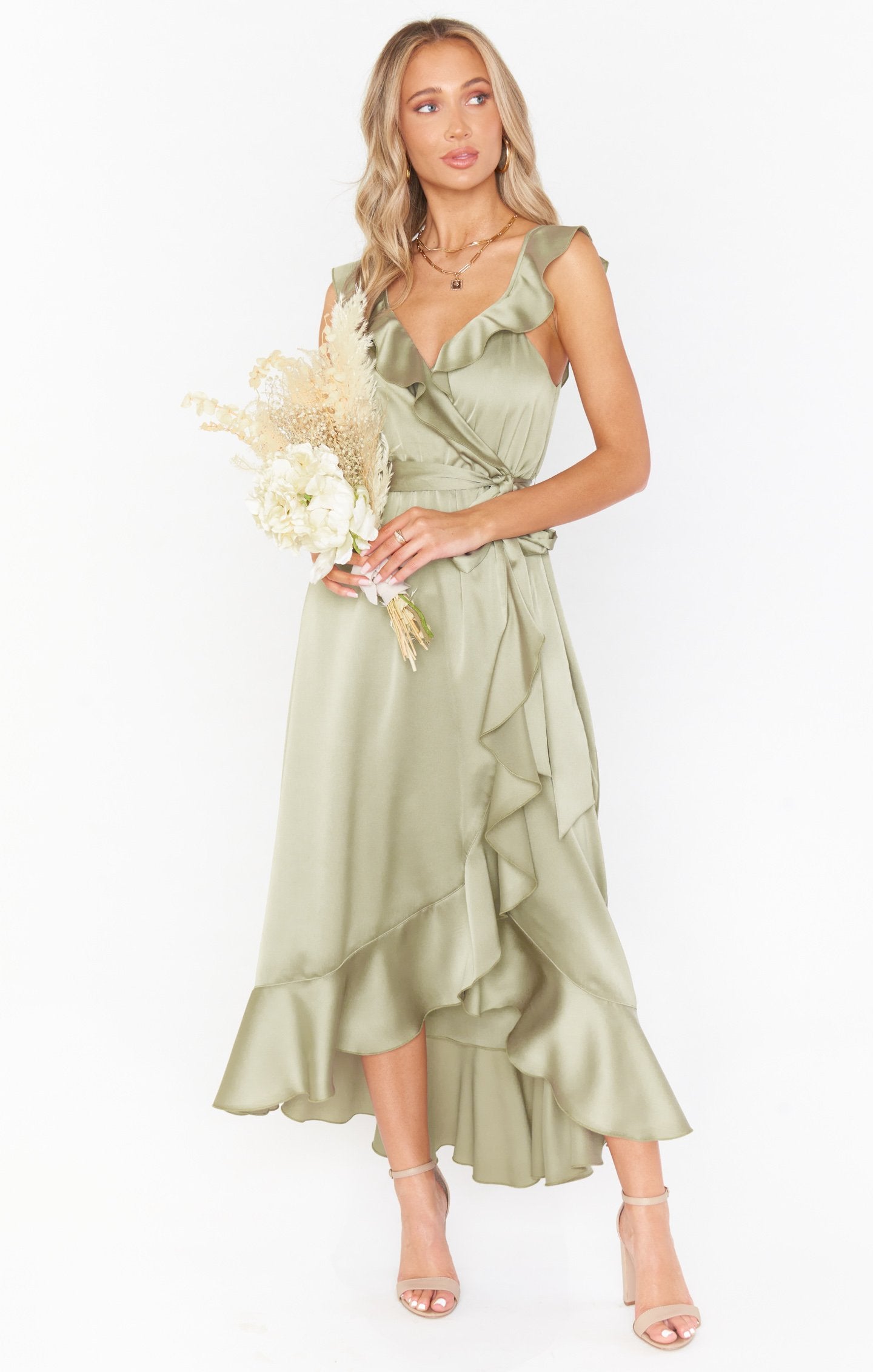 Ruffle Wrap Dress with Elastic Waist & Slit | Samantha Satin