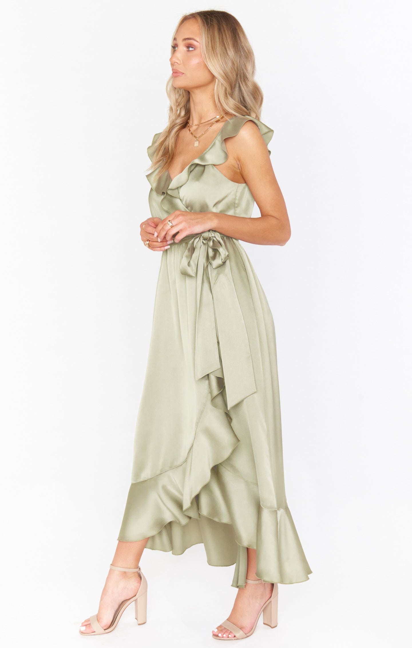 Ruffle Wrap Dress with Elastic Waist & Slit | Samantha Satin