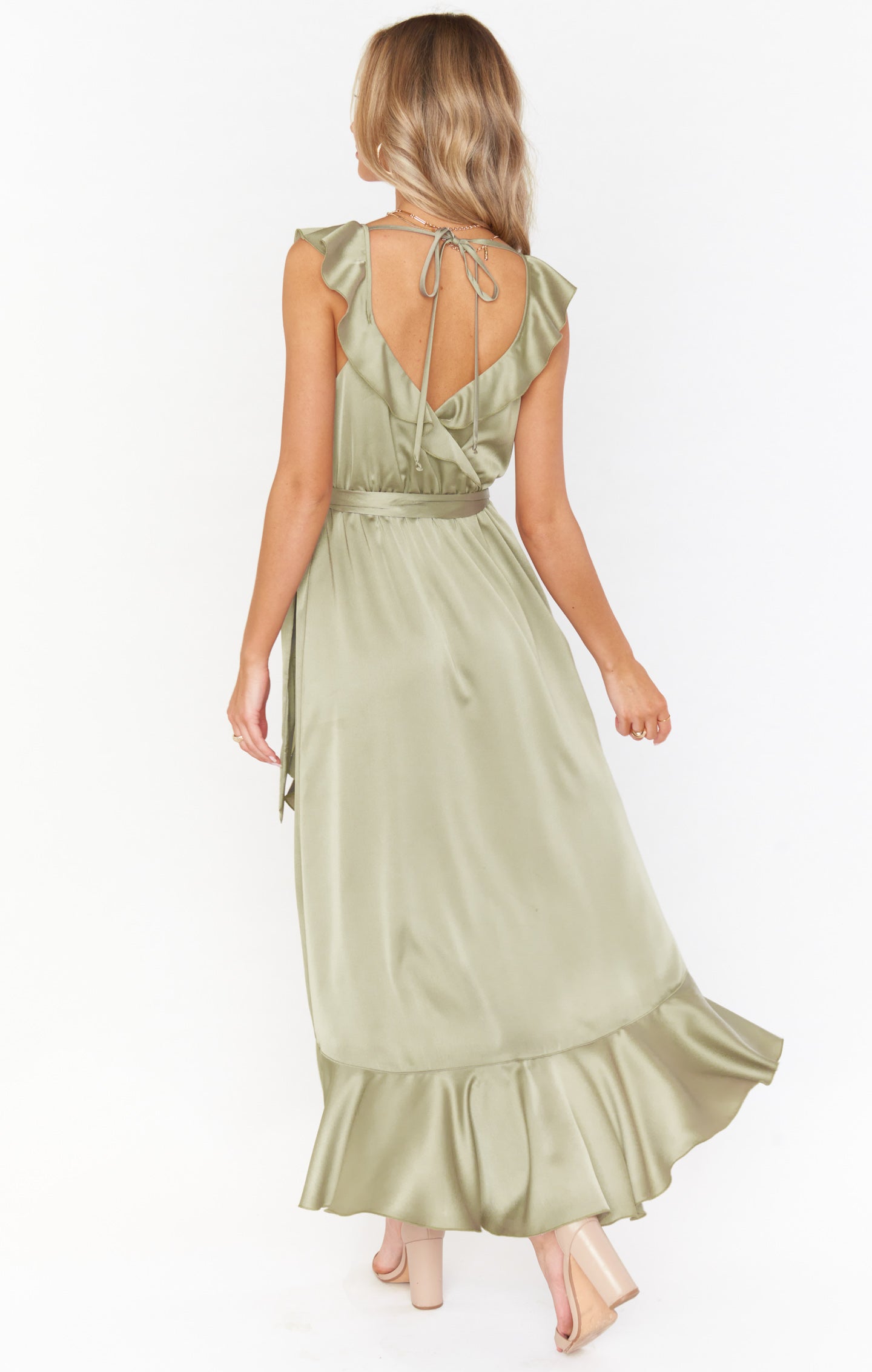 Ruffle Wrap Dress with Elastic Waist & Slit | Samantha Satin