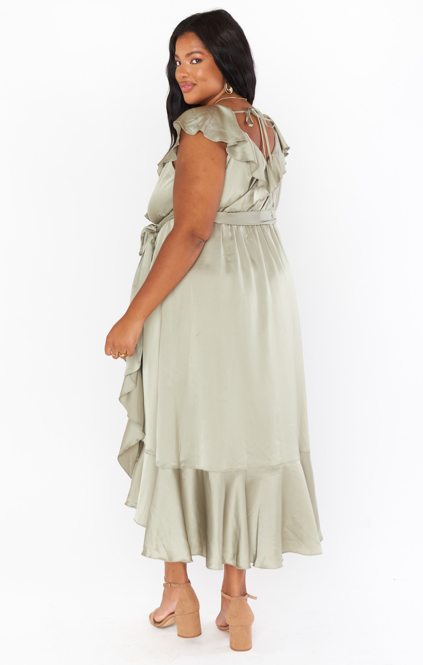Ruffle Wrap Dress with Elastic Waist & Slit | Samantha Satin