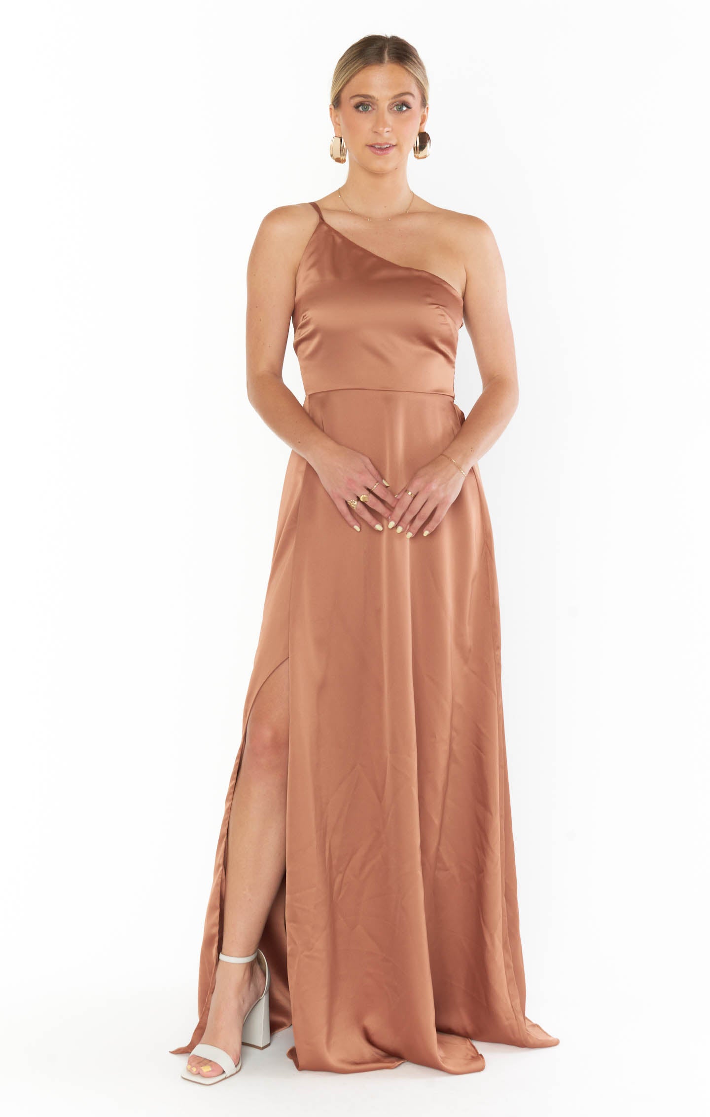 One Shoulder Maxi Dress with Slit | Shannon Copper Luxe Satin