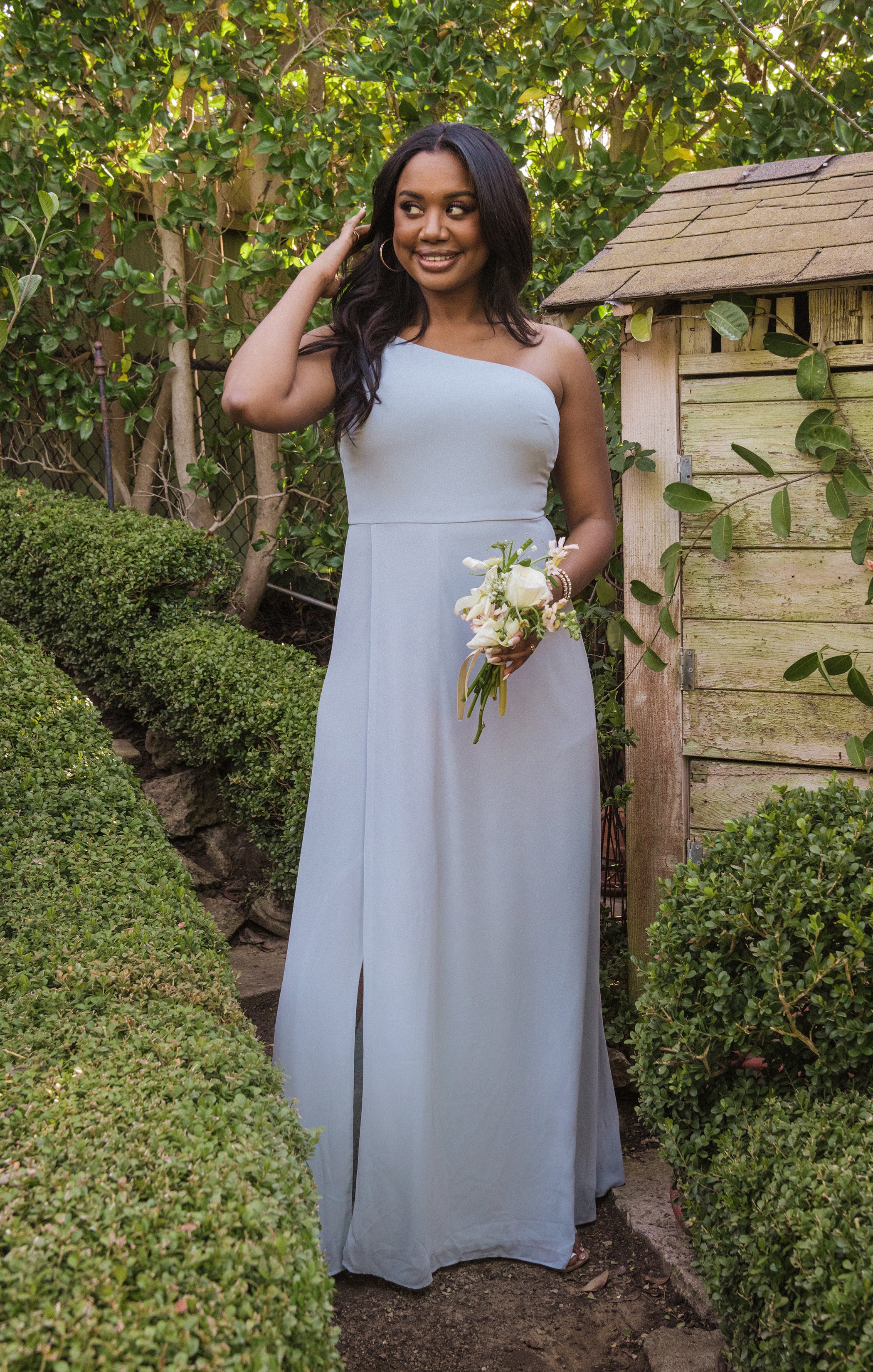 One Shoulder Maxi Dress with Slit | Steel Blue Chiffon