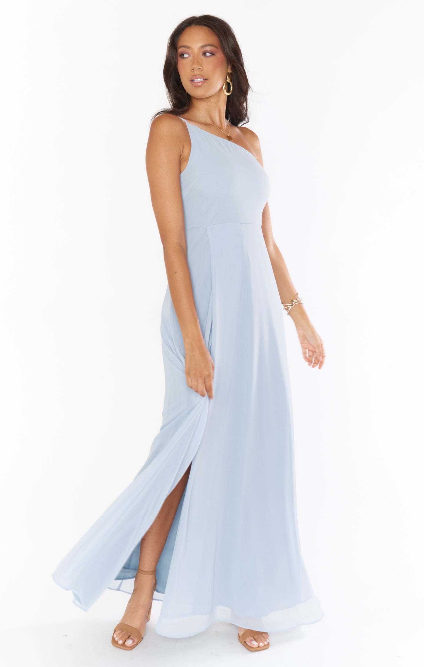 One Shoulder Maxi Dress with Slit | Steel Blue Chiffon