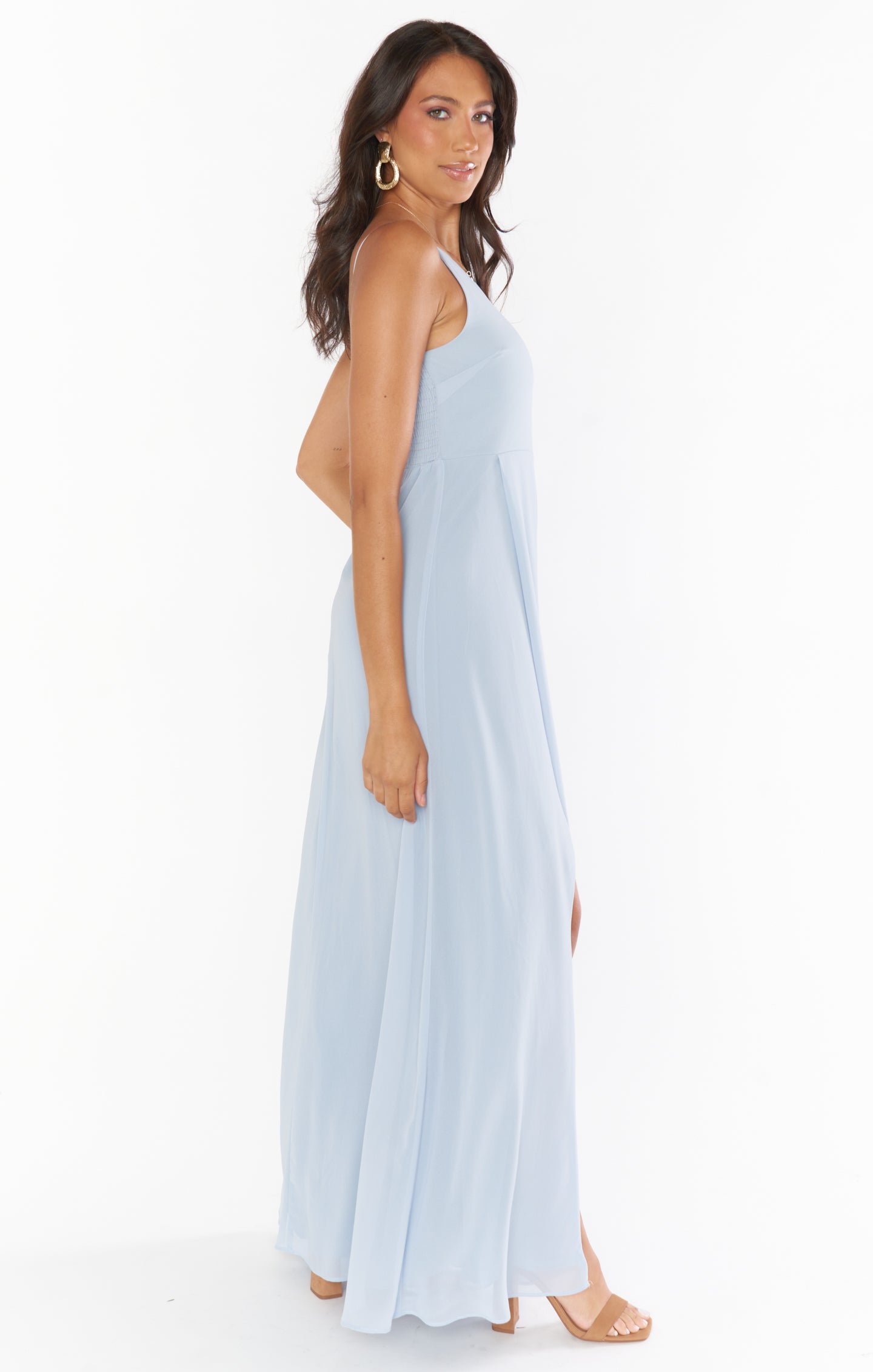 One Shoulder Maxi Dress with Slit | Steel Blue Chiffon