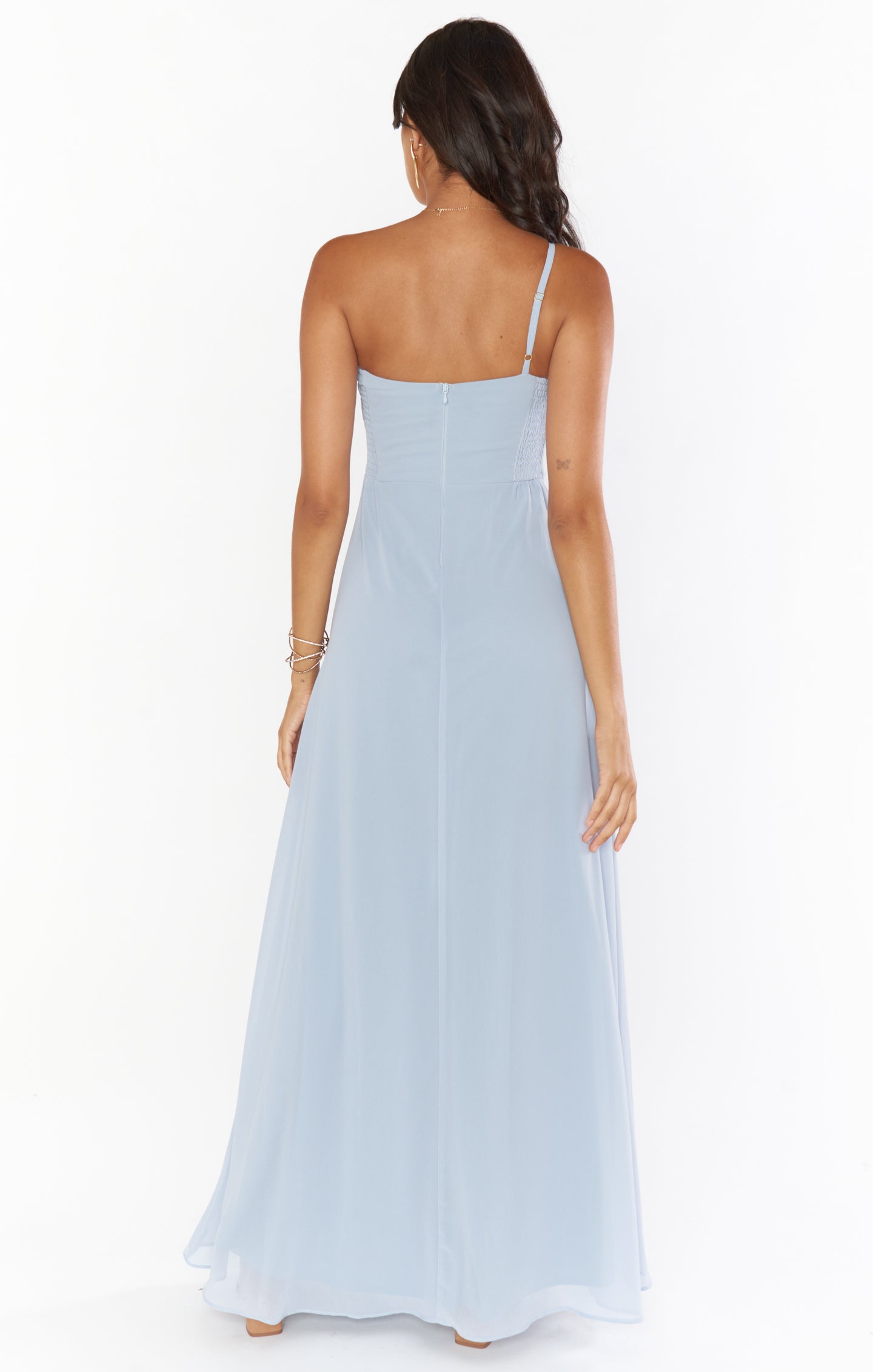 One Shoulder Maxi Dress with Slit | Steel Blue Chiffon