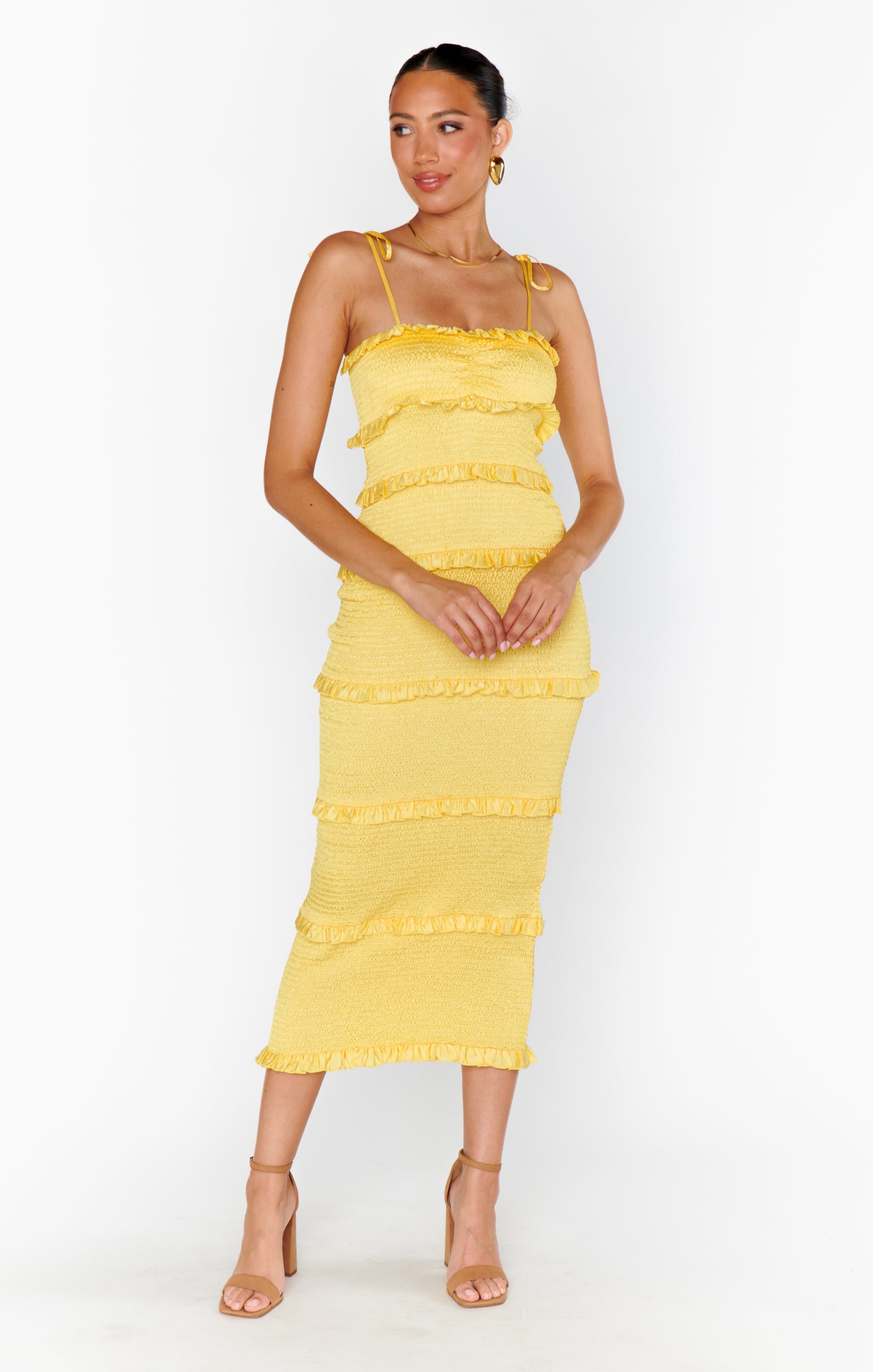 Yellow Luxe Satin Smocked Dress with Adjustable Straps | Stella