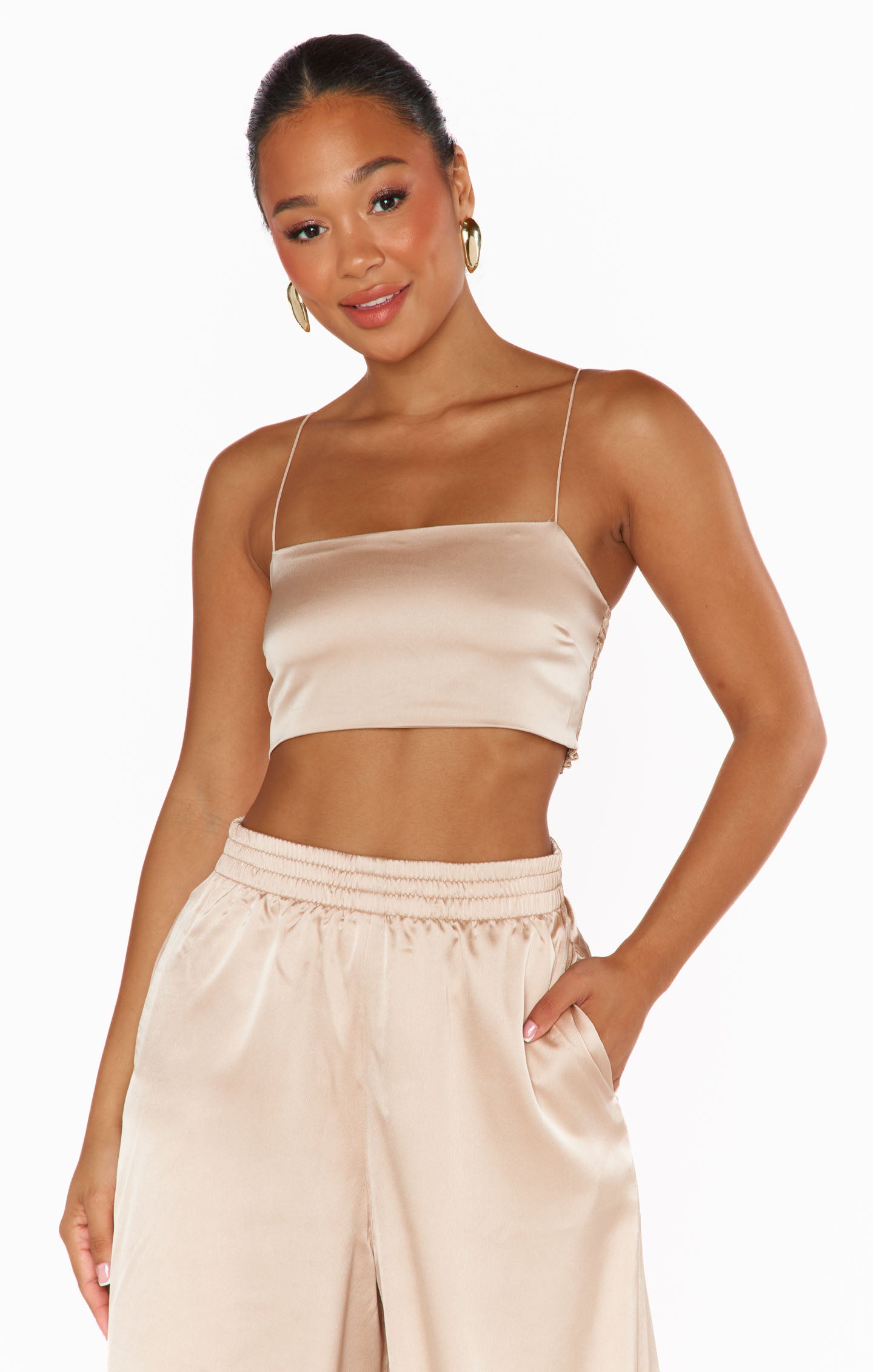Champagne Satin Tucker Top with Smocked Back | Luxe Strappy Blouse