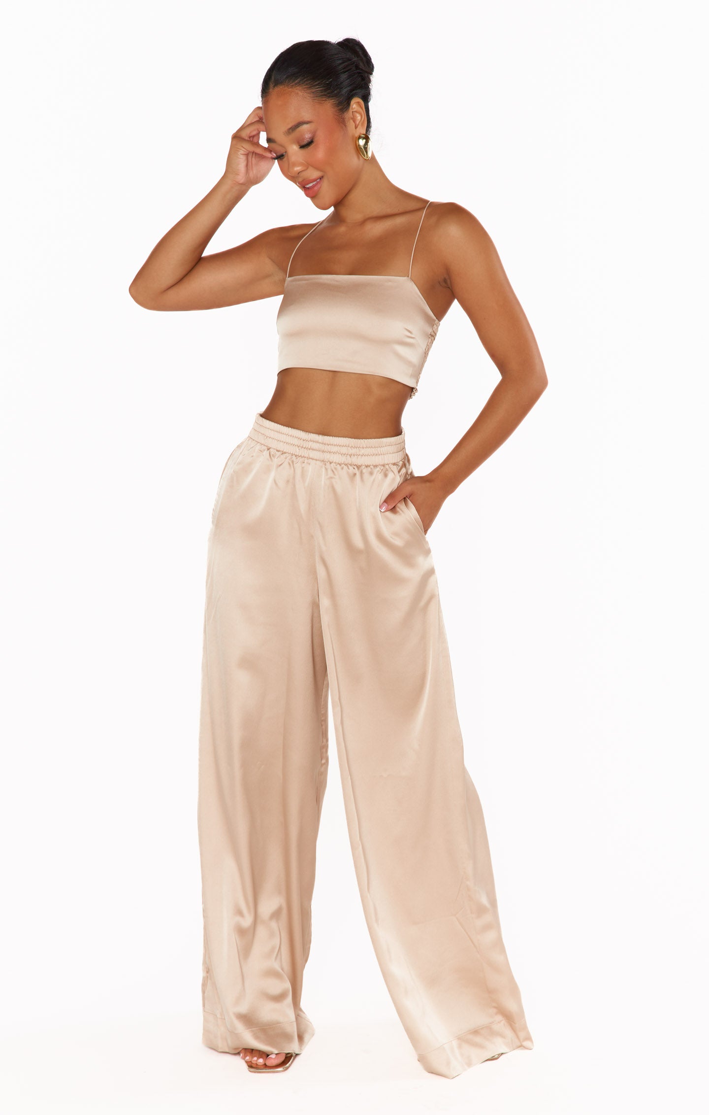 Champagne Satin Tucker Top with Smocked Back | Luxe Strappy Blouse
