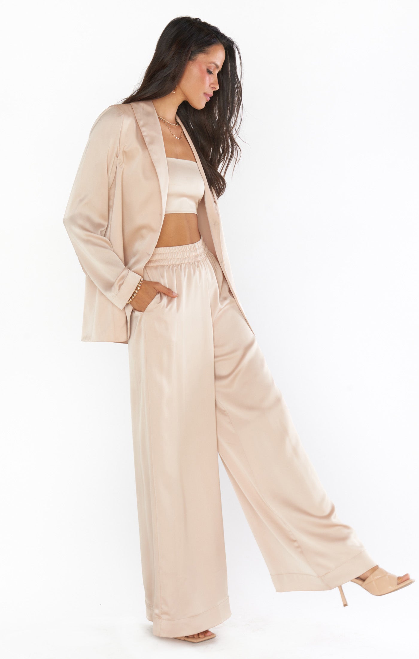 Champagne Satin Tucker Top with Smocked Back | Luxe Strappy Blouse