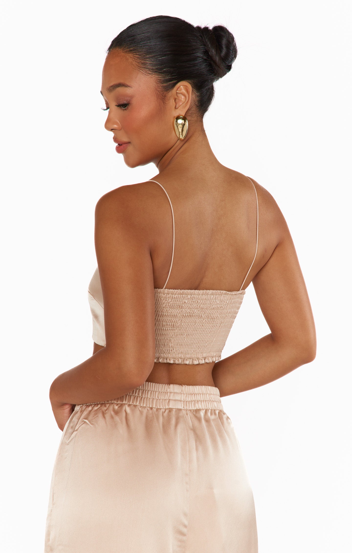 Champagne Satin Tucker Top with Smocked Back | Luxe Strappy Blouse
